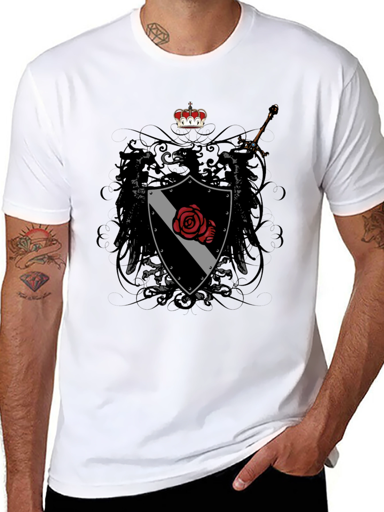 Emblem Shield Rose Sword Graphic T-Shirt - Mens