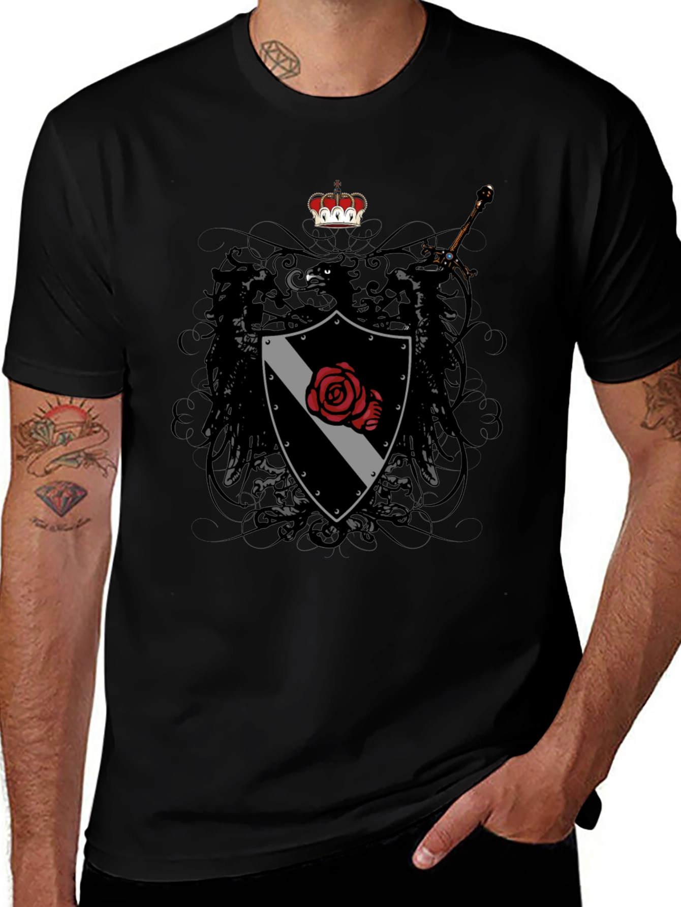 Emblem Shield Rose Sword Graphic T-Shirt - Mens