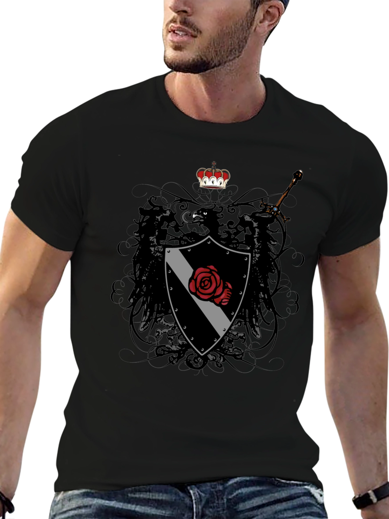 Emblem Shield Rose Sword Graphic T-Shirt - Mens