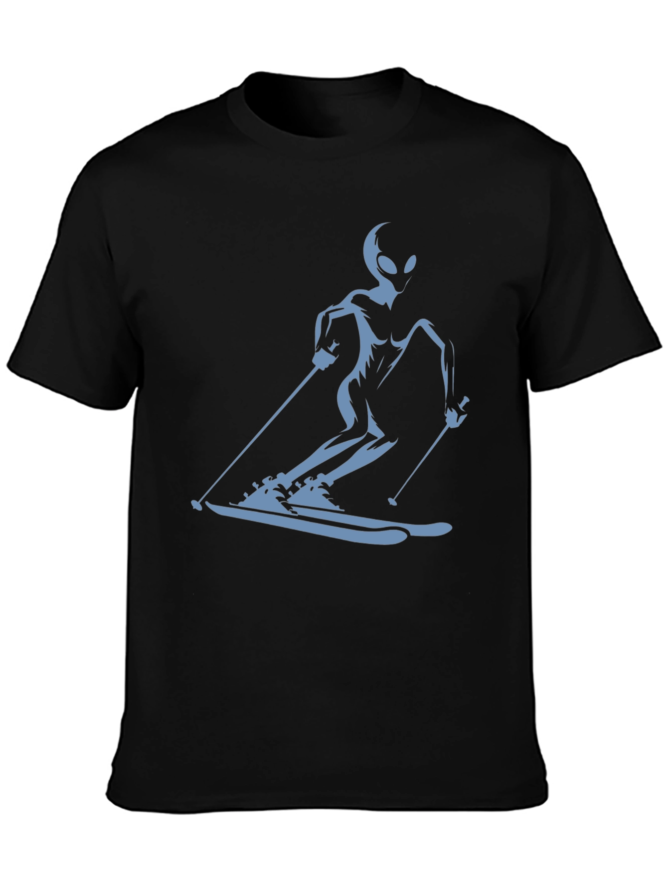 Alien Skiing Graphic Tee - Black Cotton T-Shirt