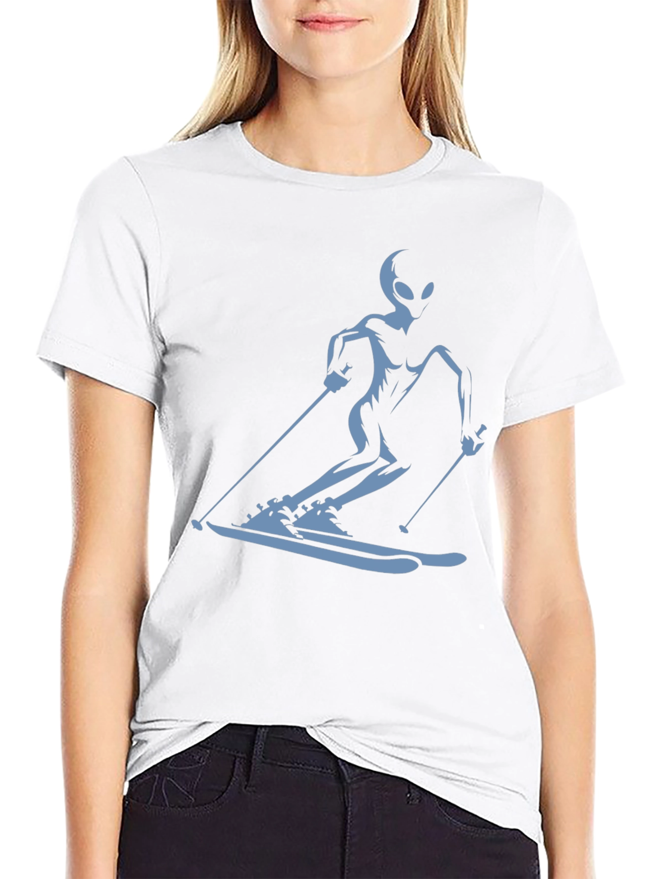 Alien Skiing Graphic Tee - Black Cotton T-Shirt