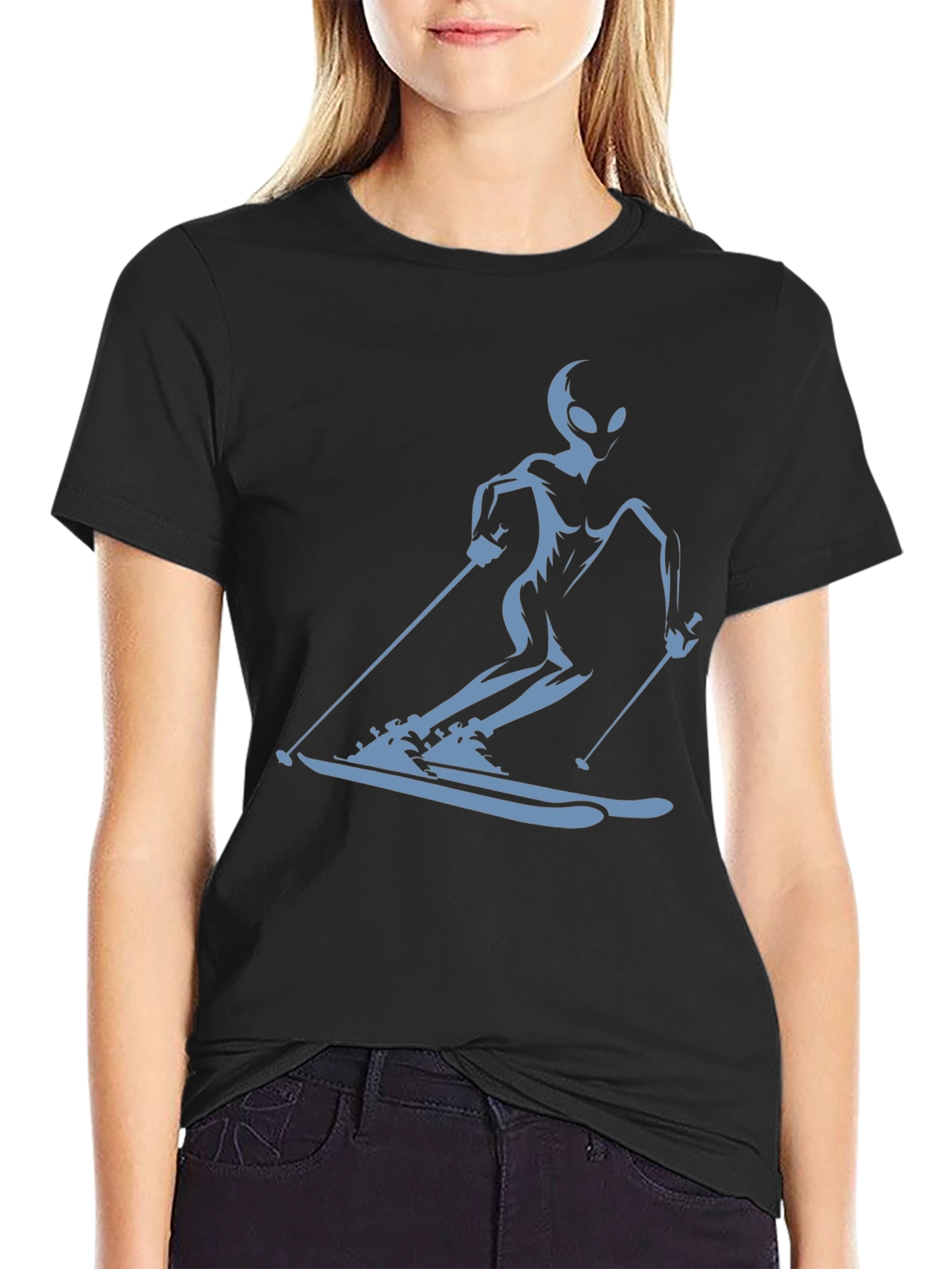Alien Skiing Graphic Tee - Black Cotton T-Shirt