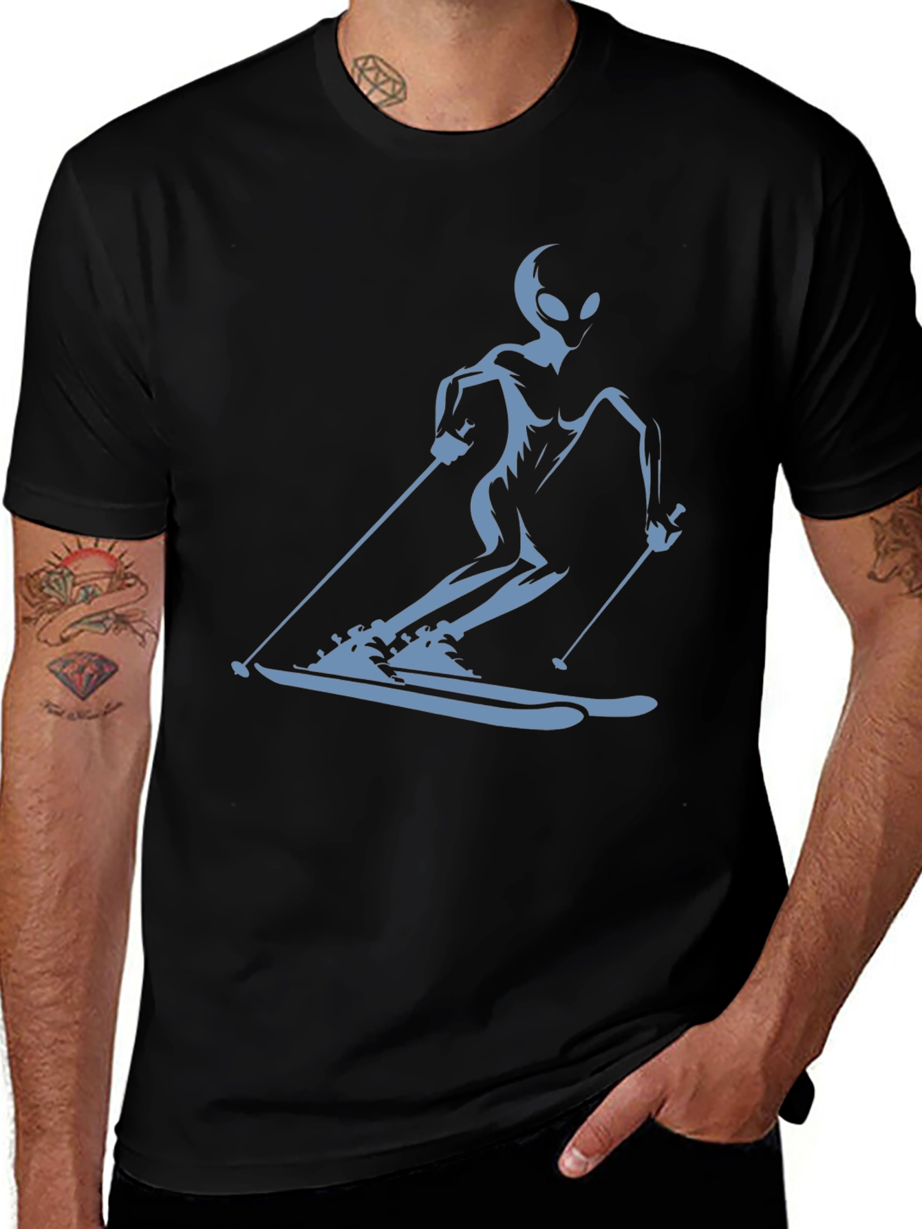 Alien Skiing Graphic Tee - Black Cotton T-Shirt