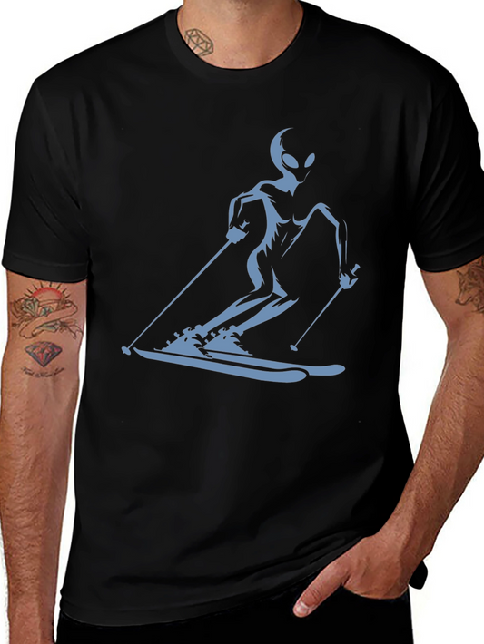 Alien Skiing Graphic Tee - Black Cotton T-Shirt