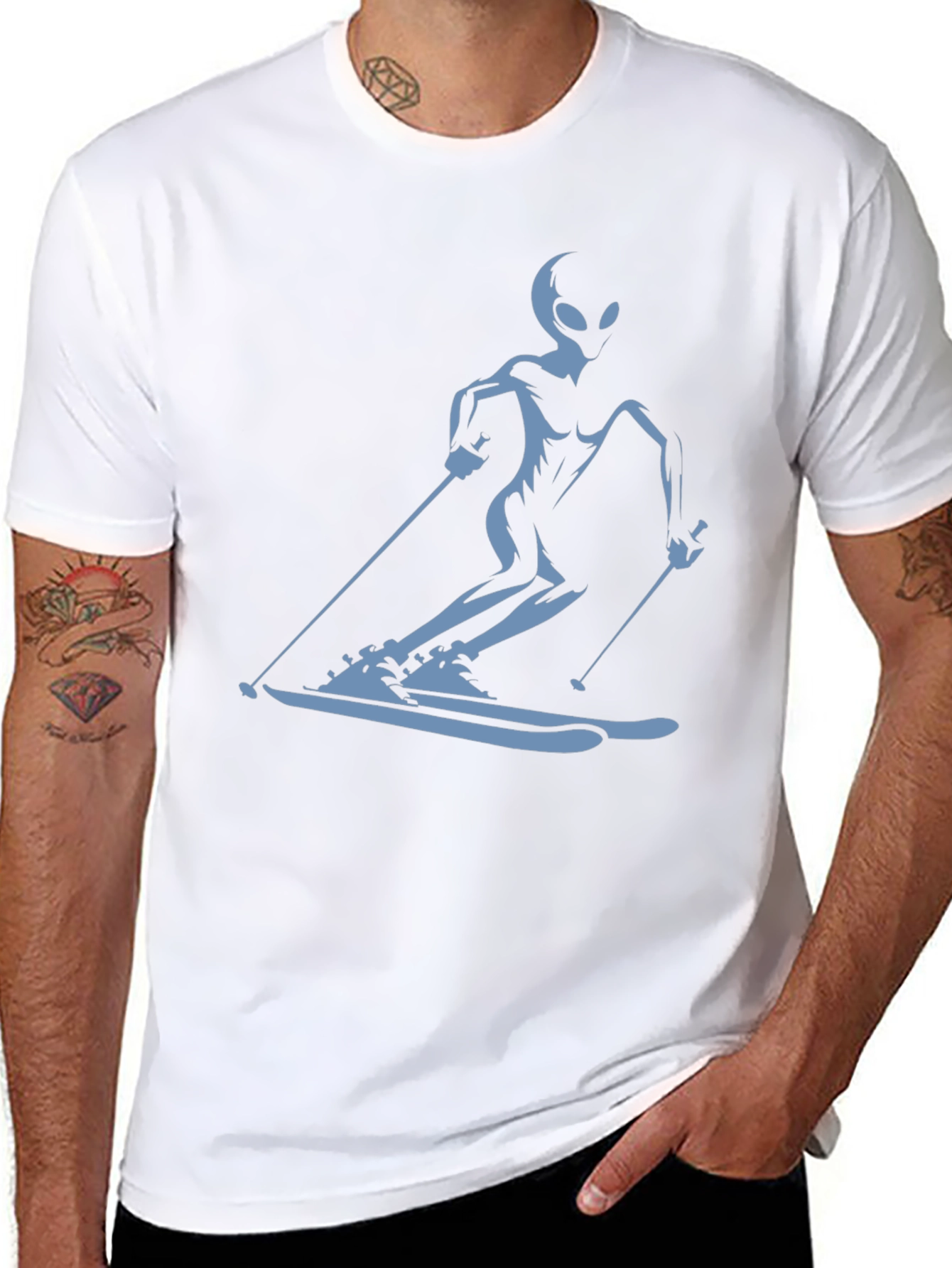 Alien Skiing Graphic Tee - Black Cotton T-Shirt