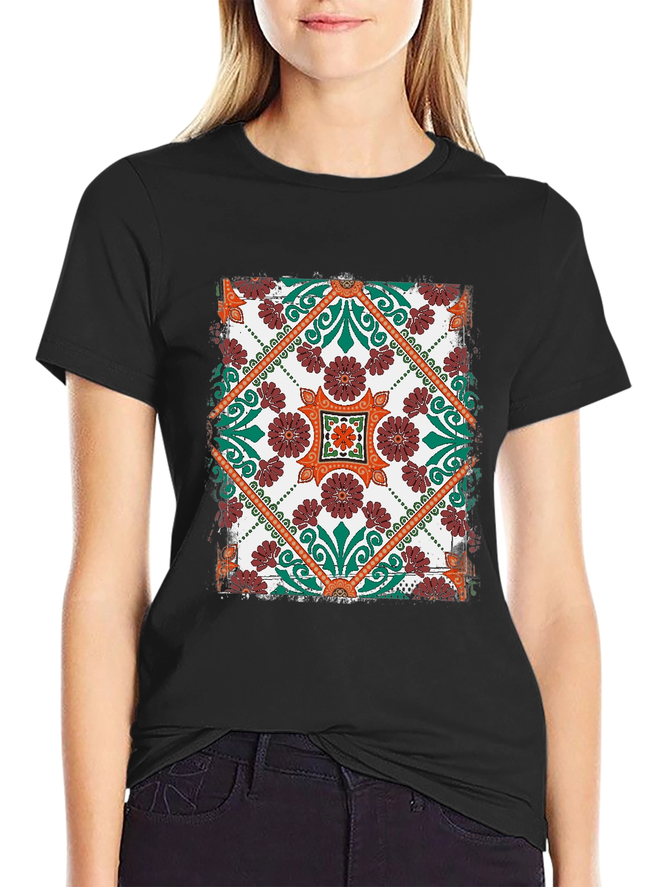 Patterned T-Shirt - Black Floral Design