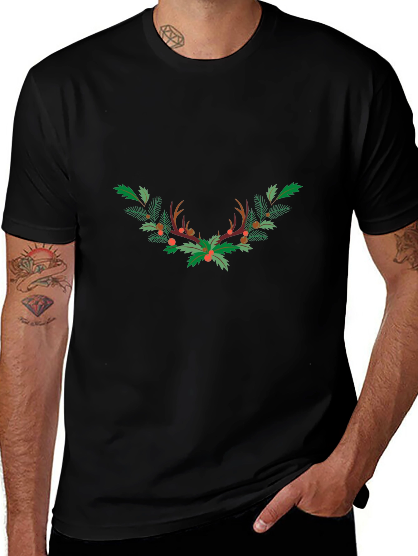 Festive Antler Wreath Graphic Tee - Black