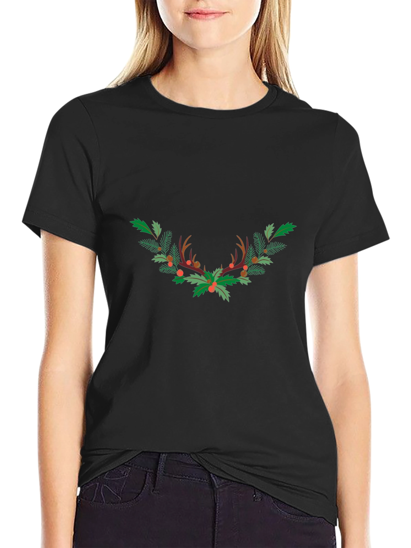 Festive Antler Wreath Graphic Tee - Black