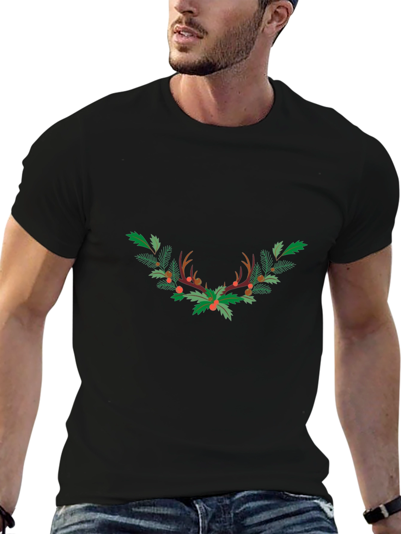 Festive Antler Wreath Graphic Tee - Black