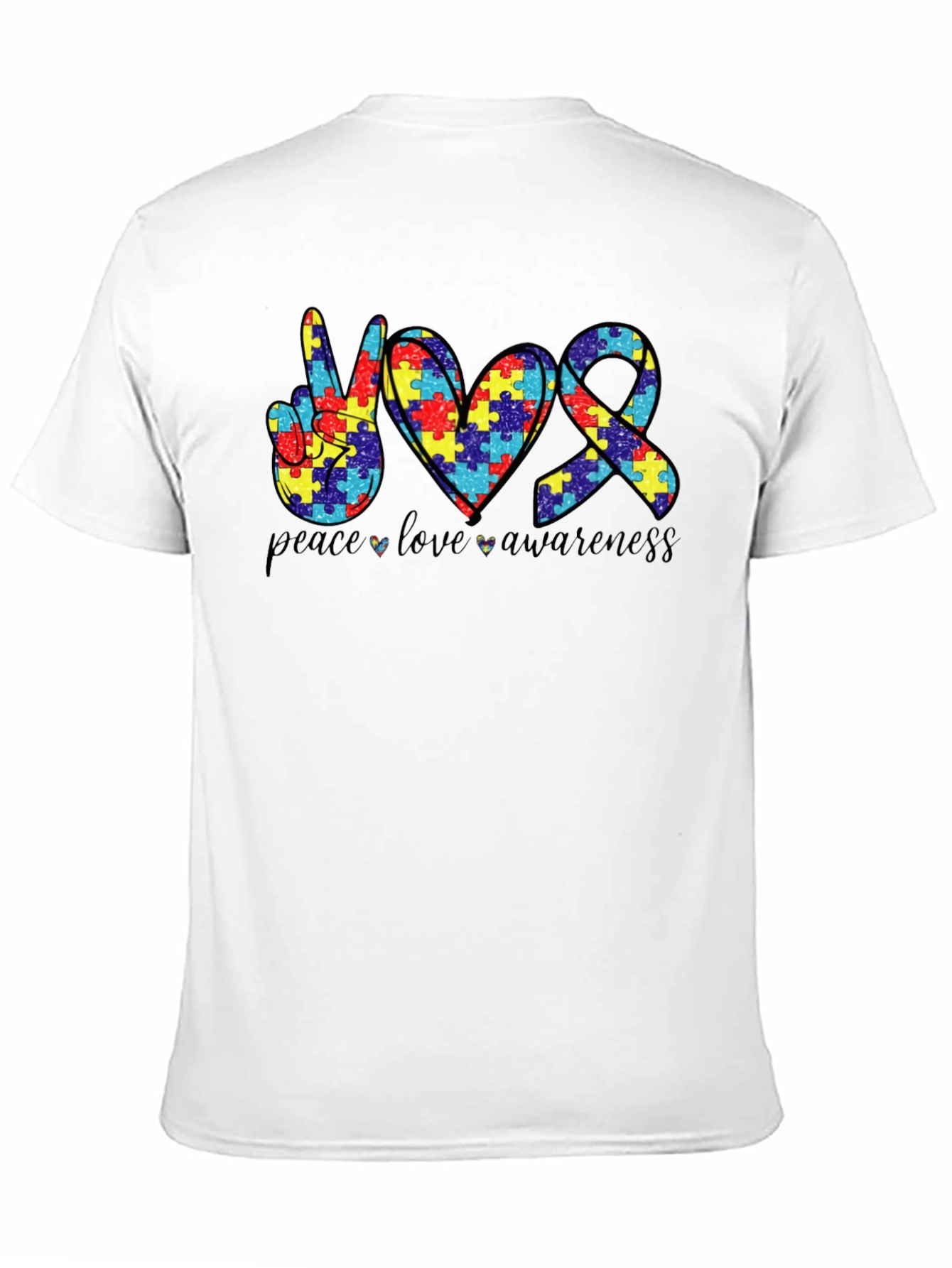 Autism Awareness Peace Love Ribbon Puzzle T-Shirt