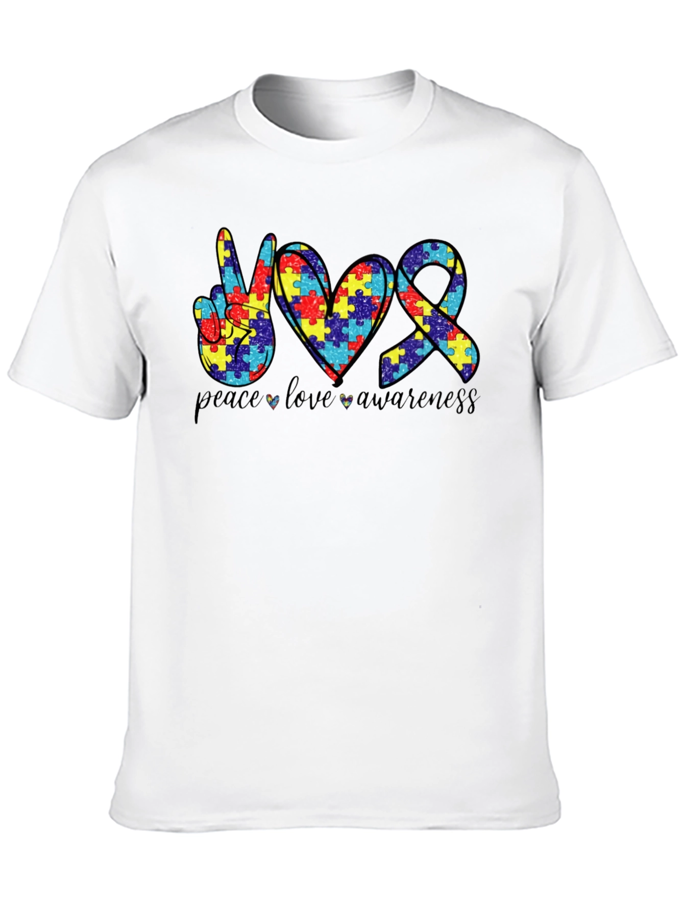 Autism Awareness Peace Love Ribbon Puzzle T-Shirt