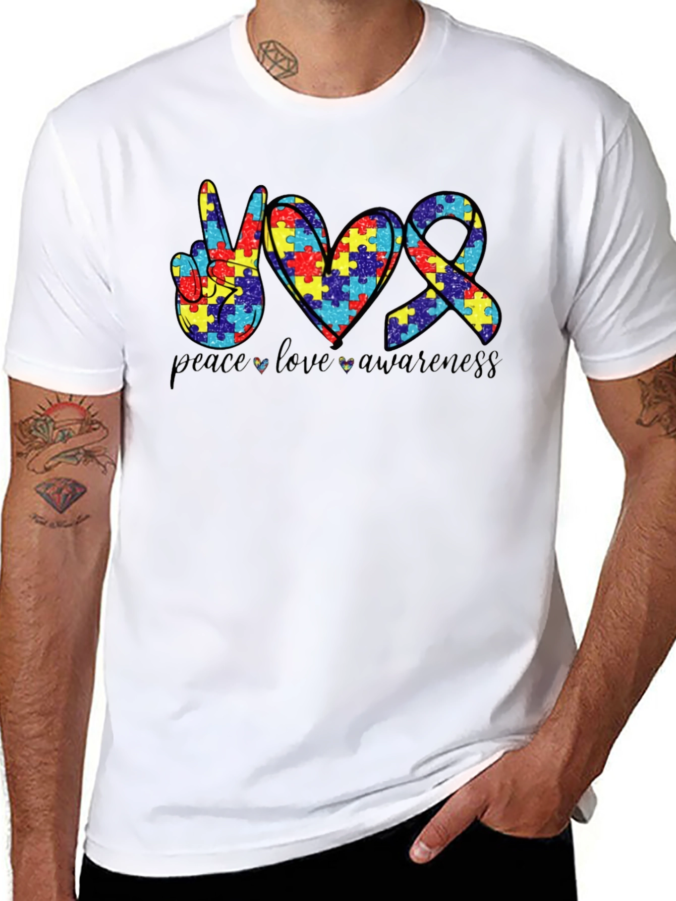 Autism Awareness Peace Love Ribbon Puzzle T-Shirt