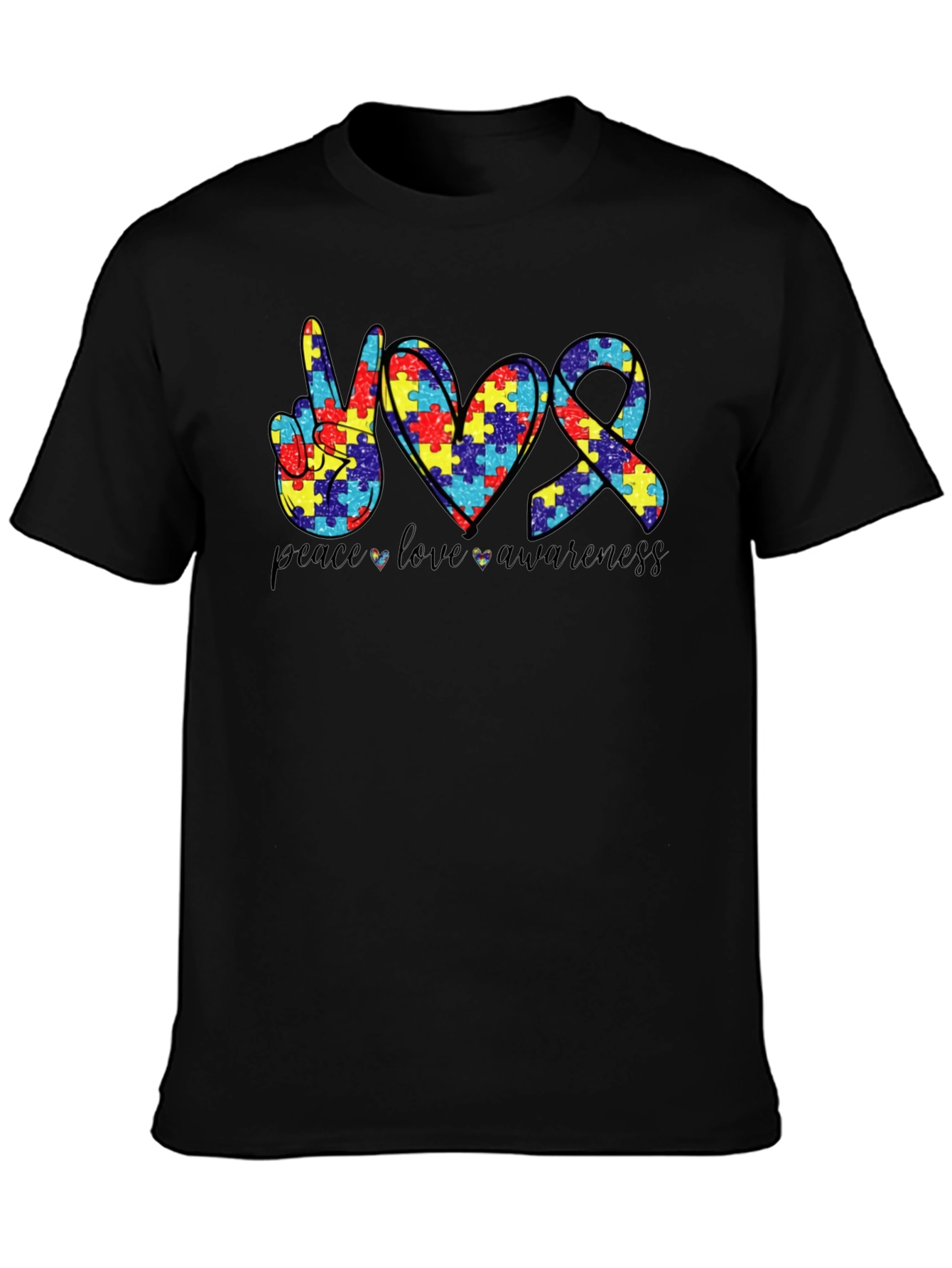 Autism Awareness Peace Love Ribbon Puzzle T-Shirt