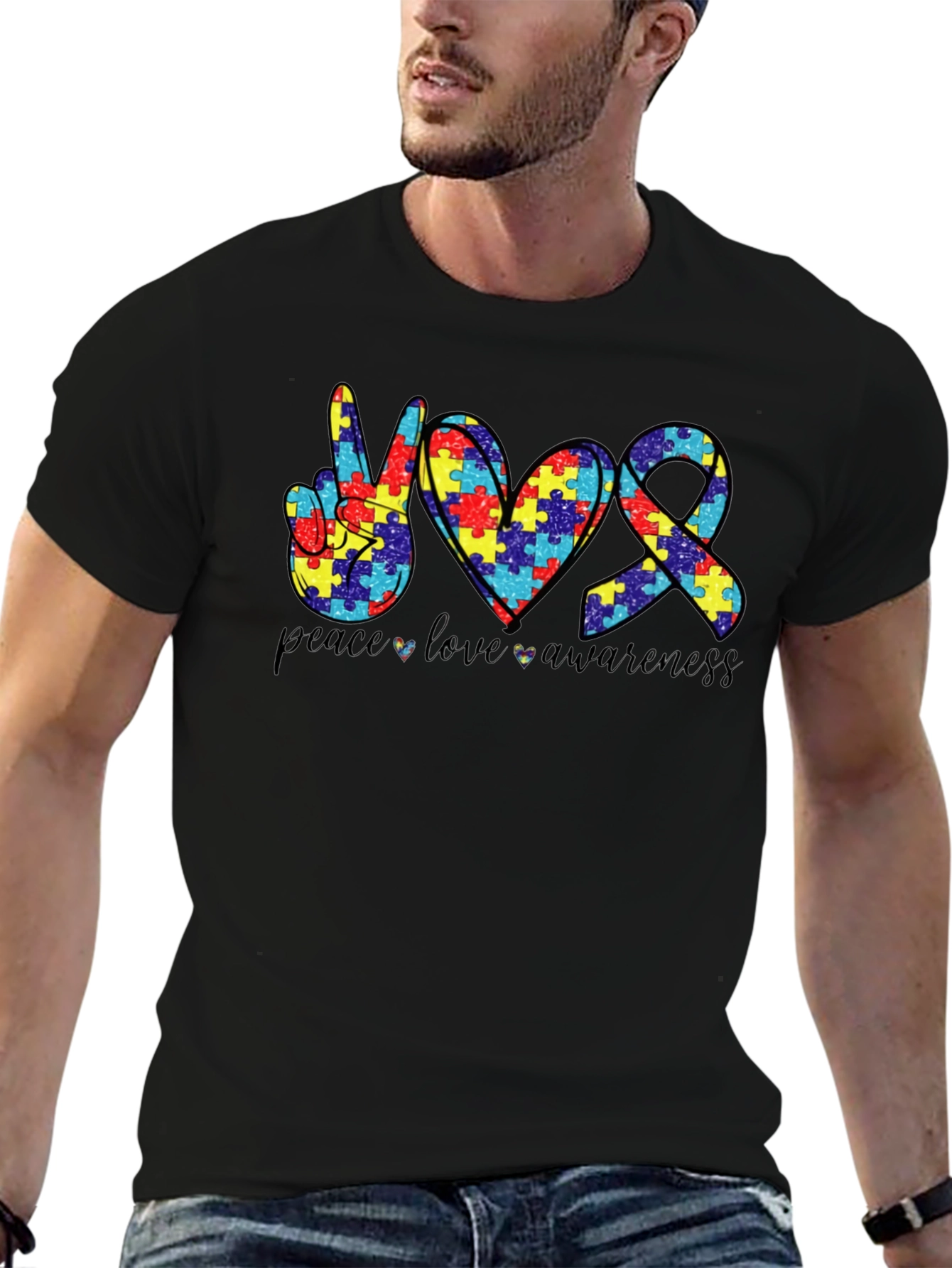 Autism Awareness Peace Love Ribbon Puzzle T-Shirt