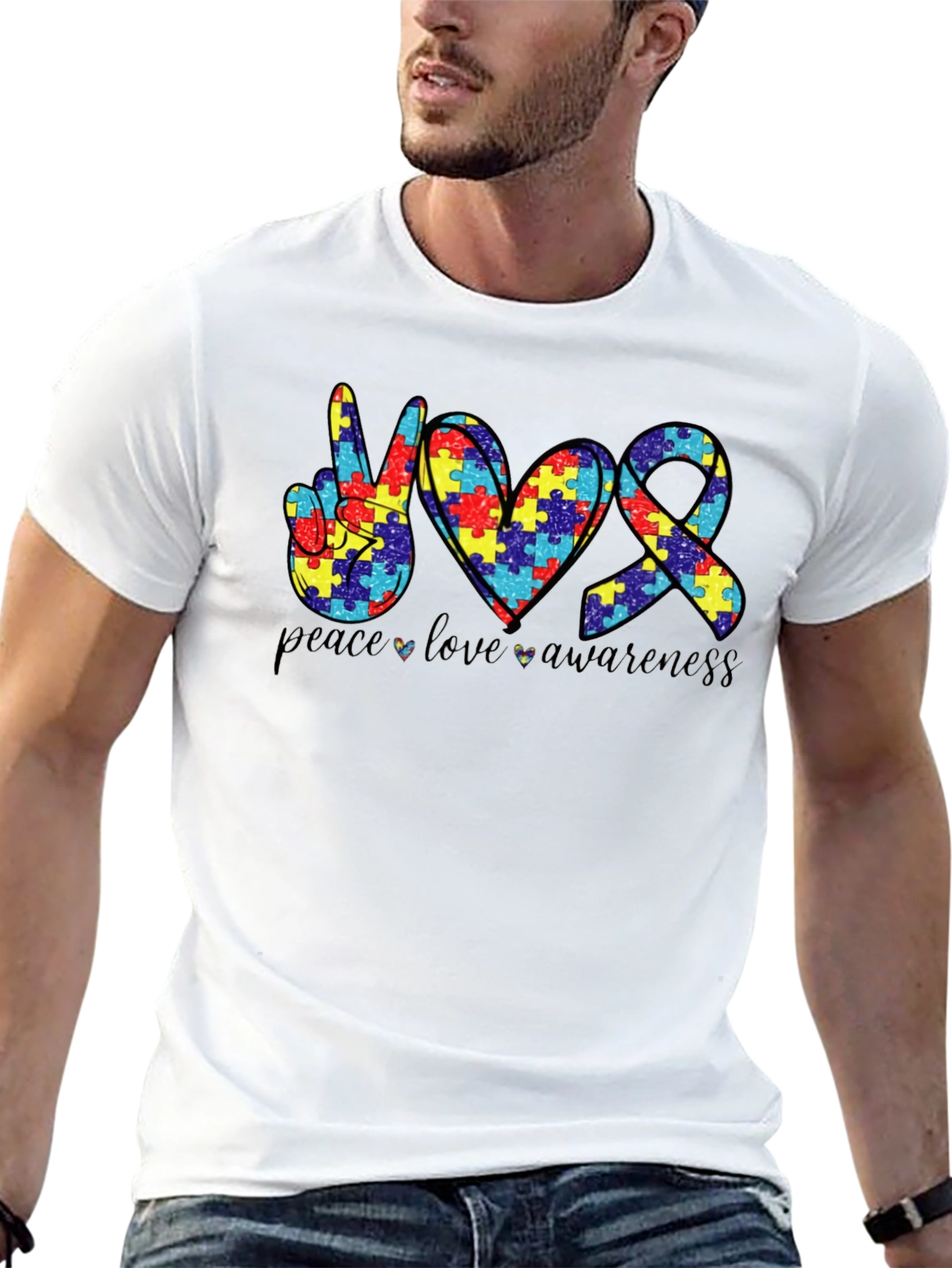 Autism Awareness Peace Love Ribbon Puzzle T-Shirt