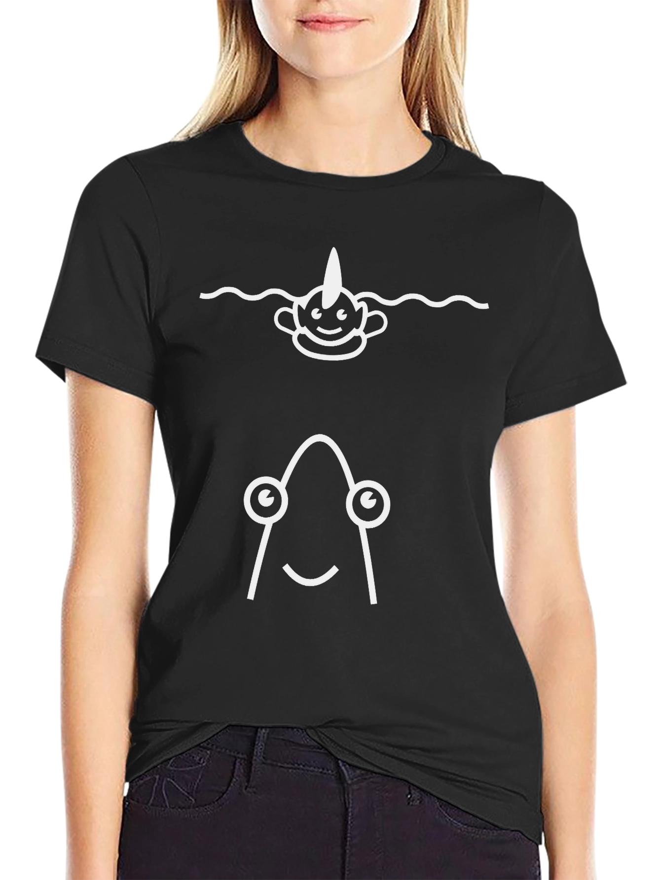 Whimsical Sea Creature Graphic Tee - Black Cotton Blend