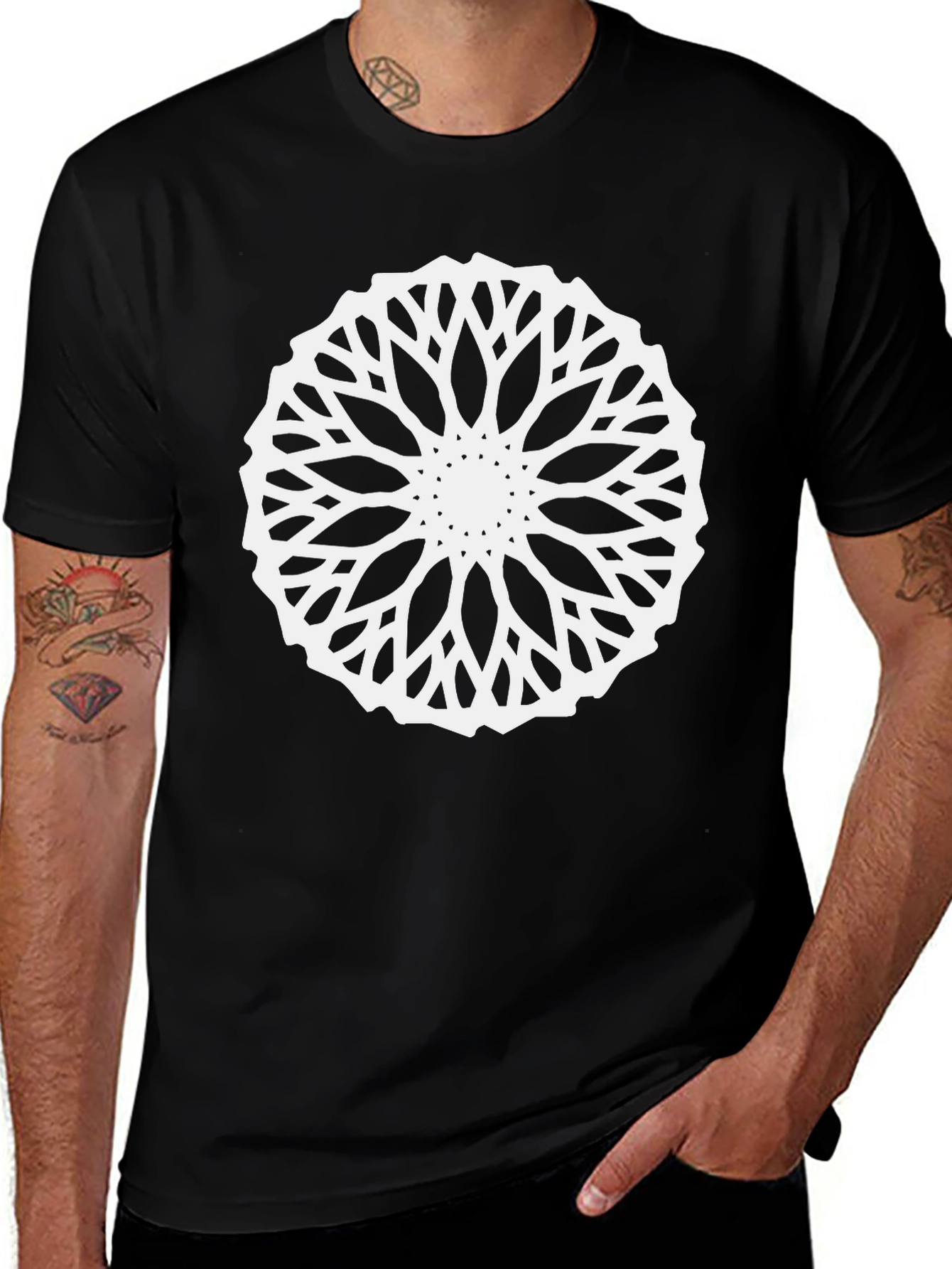 Black T-Shirt with Geometric Mandala Design