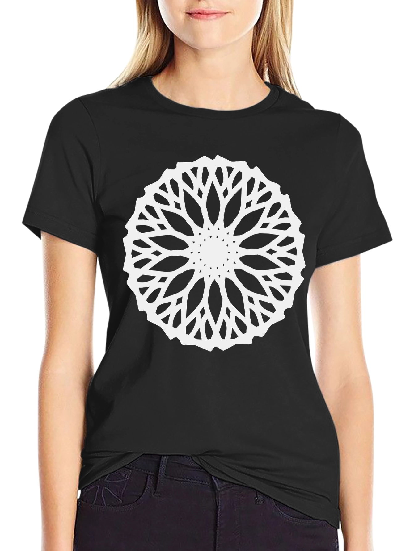 Black T-Shirt with Geometric Mandala Design