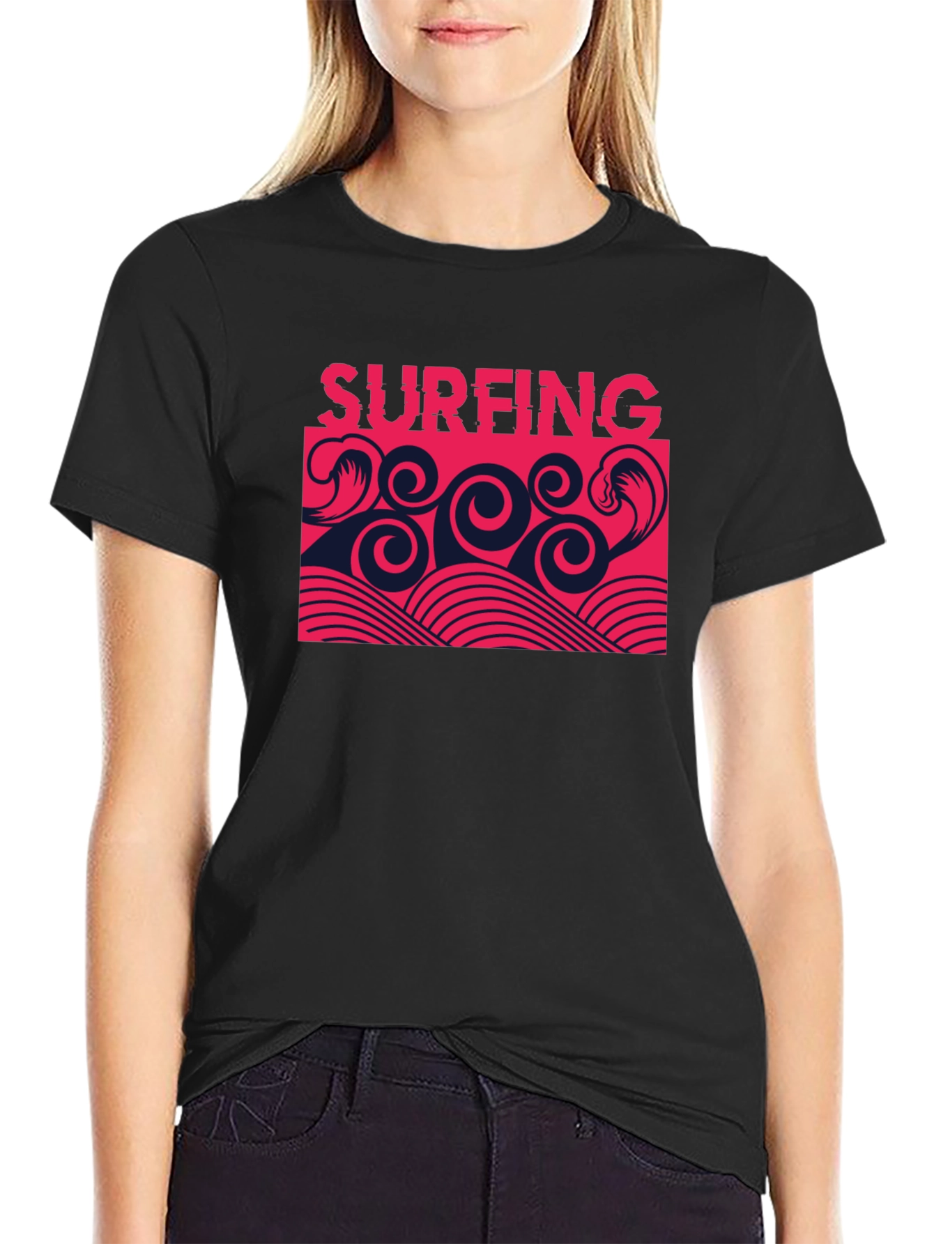 Surfing Waves Graphic Tee - Stylish Black T-Shirt