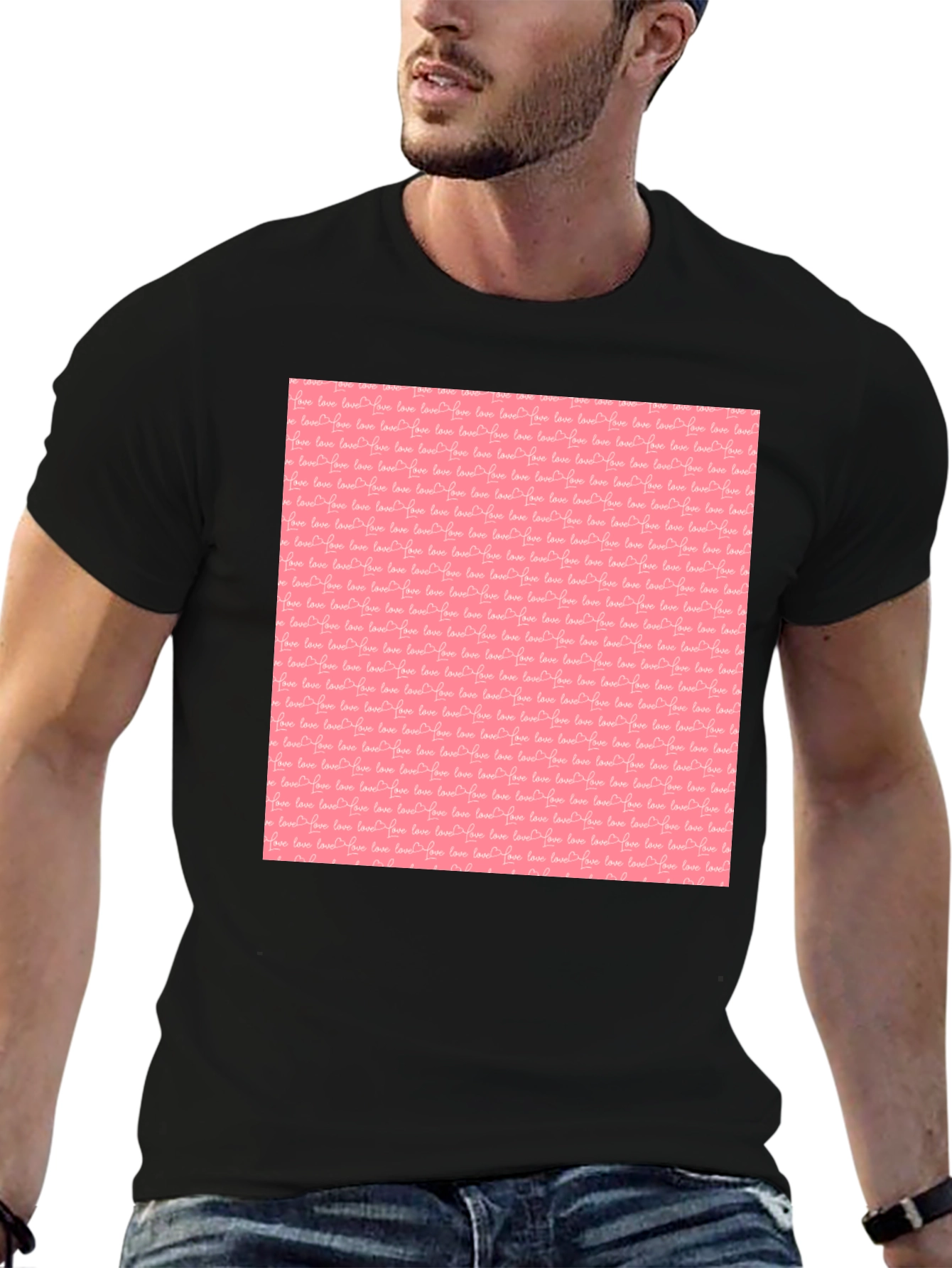 Black Tee with Pink Love Pattern