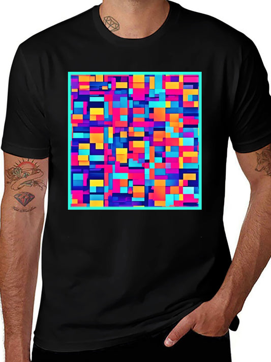 Colorful Block Pattern Graphic Tee - Modern Style