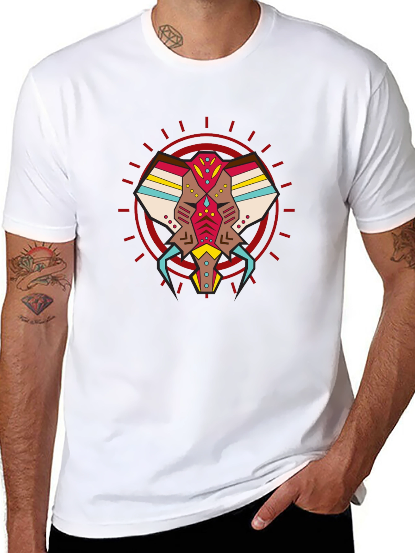 Abstract Geometric Elephant Graphic Tee - Black