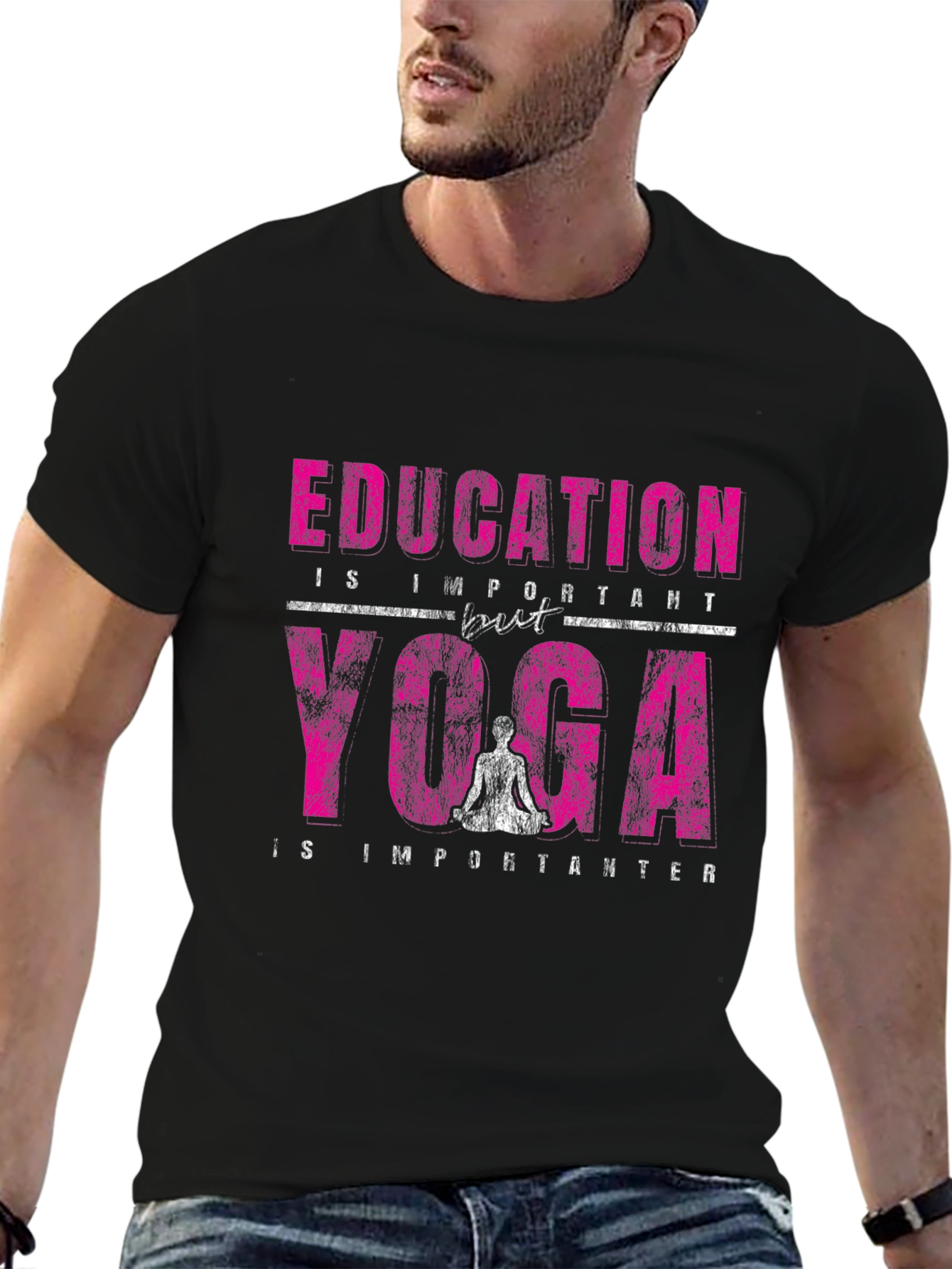 Education vs Yoga Graphic Print Black T-Shirt