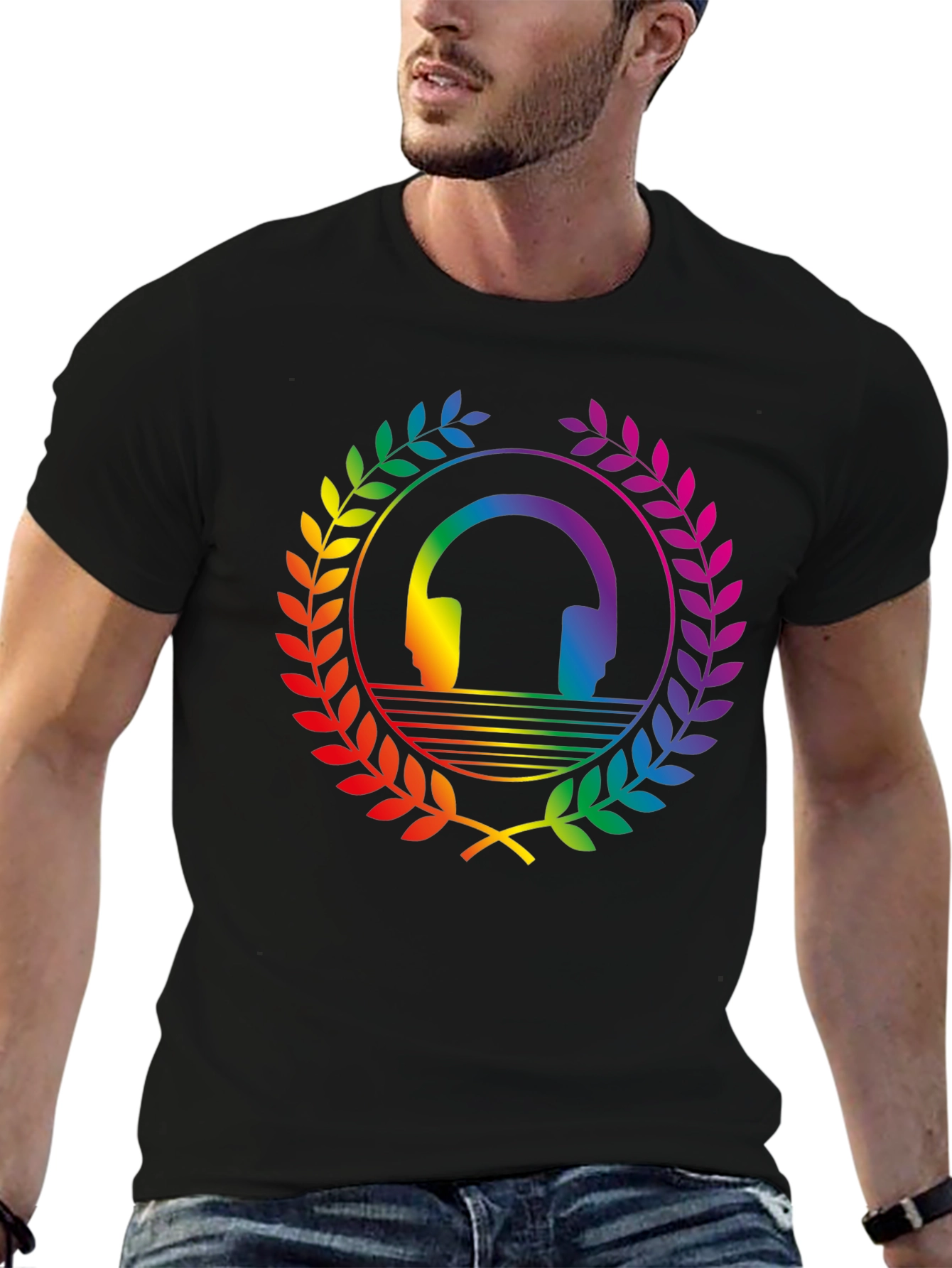 Rainbow Headphone Wreath T-Shirt - Black