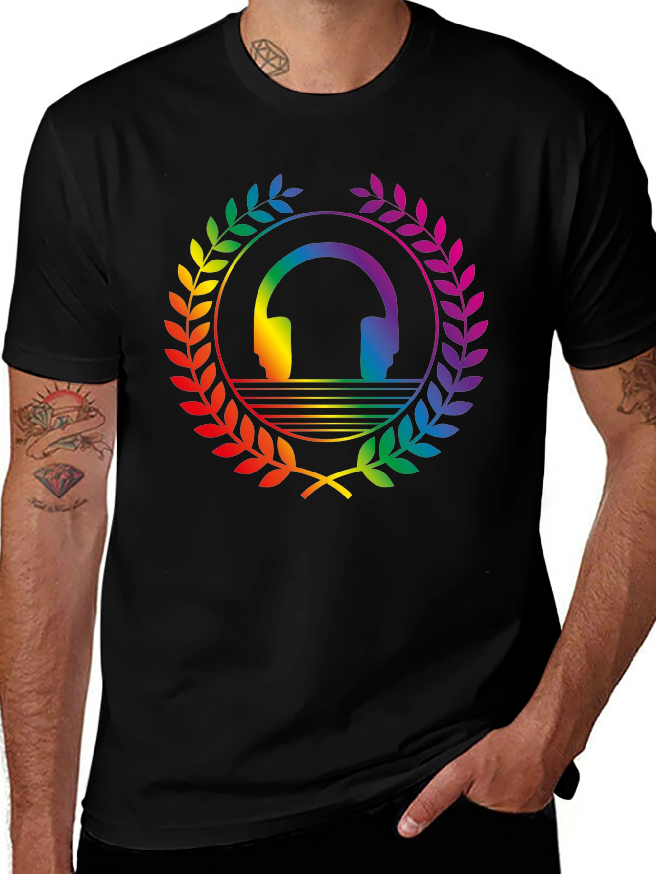Rainbow Headphone Wreath T-Shirt - Black
