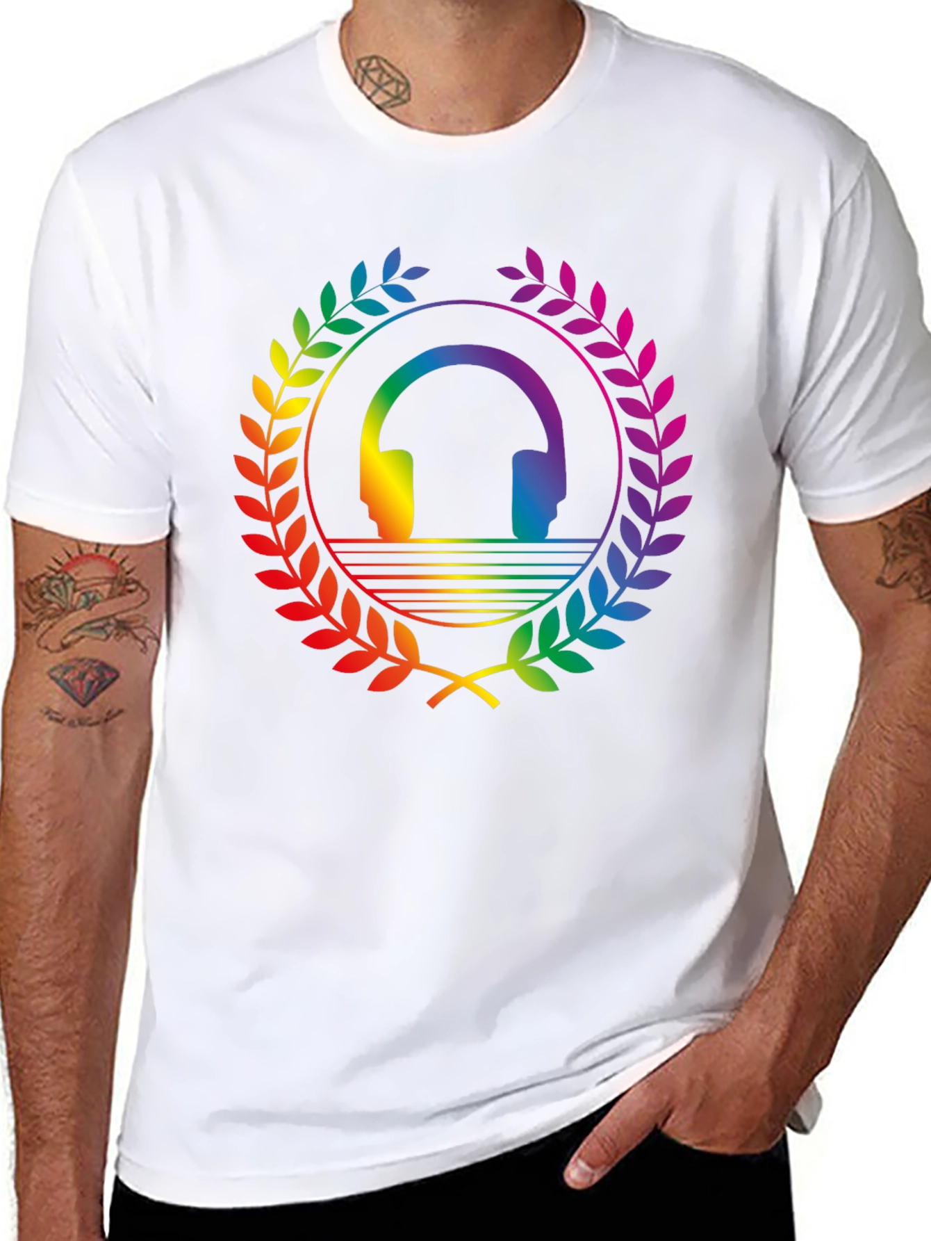 Rainbow Headphone Wreath T-Shirt - Black