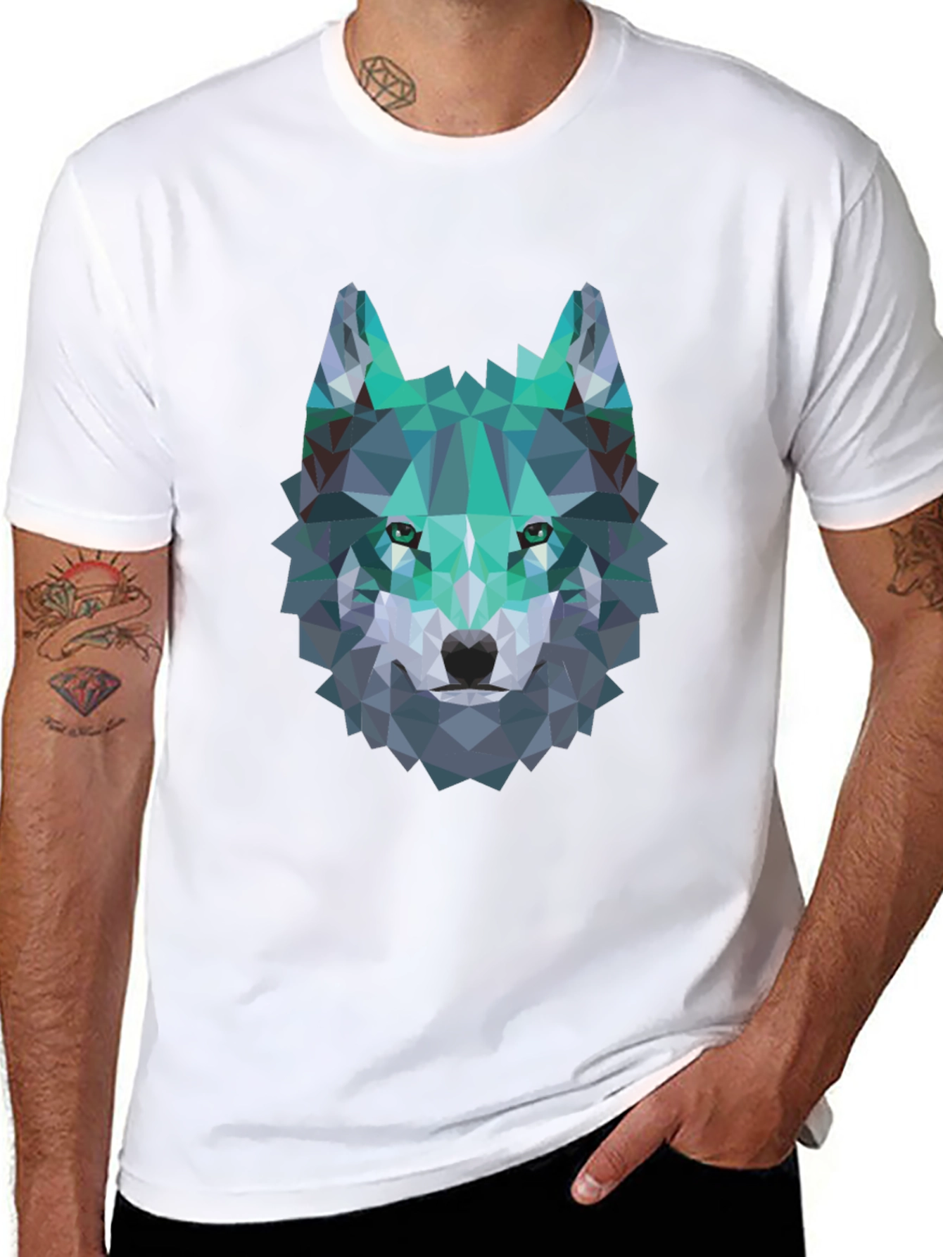 Geometric Wolf Graphic Tee - Modern Mens Black T-Shirt