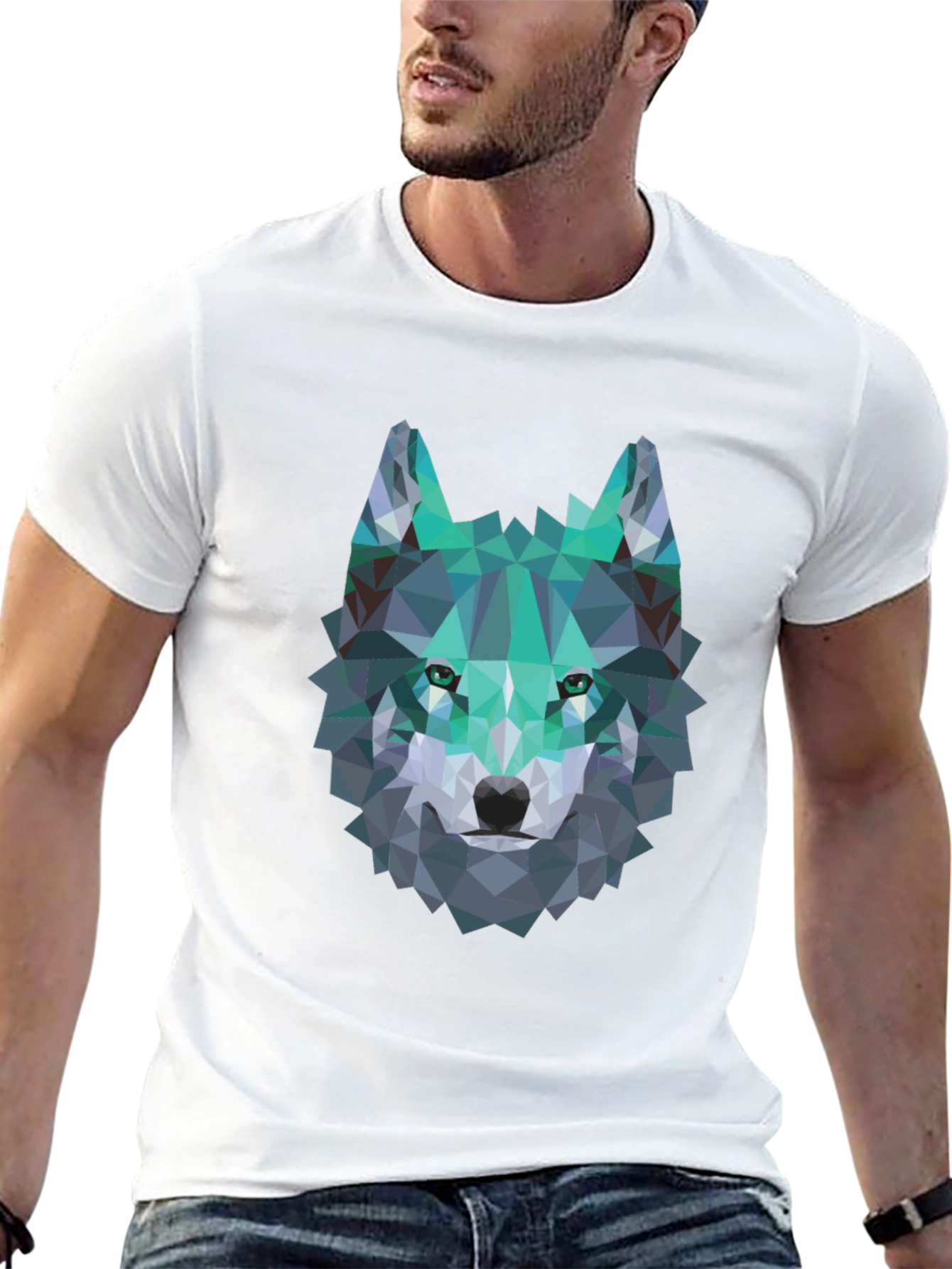 Geometric Wolf Graphic Tee - Modern Mens Black T-Shirt