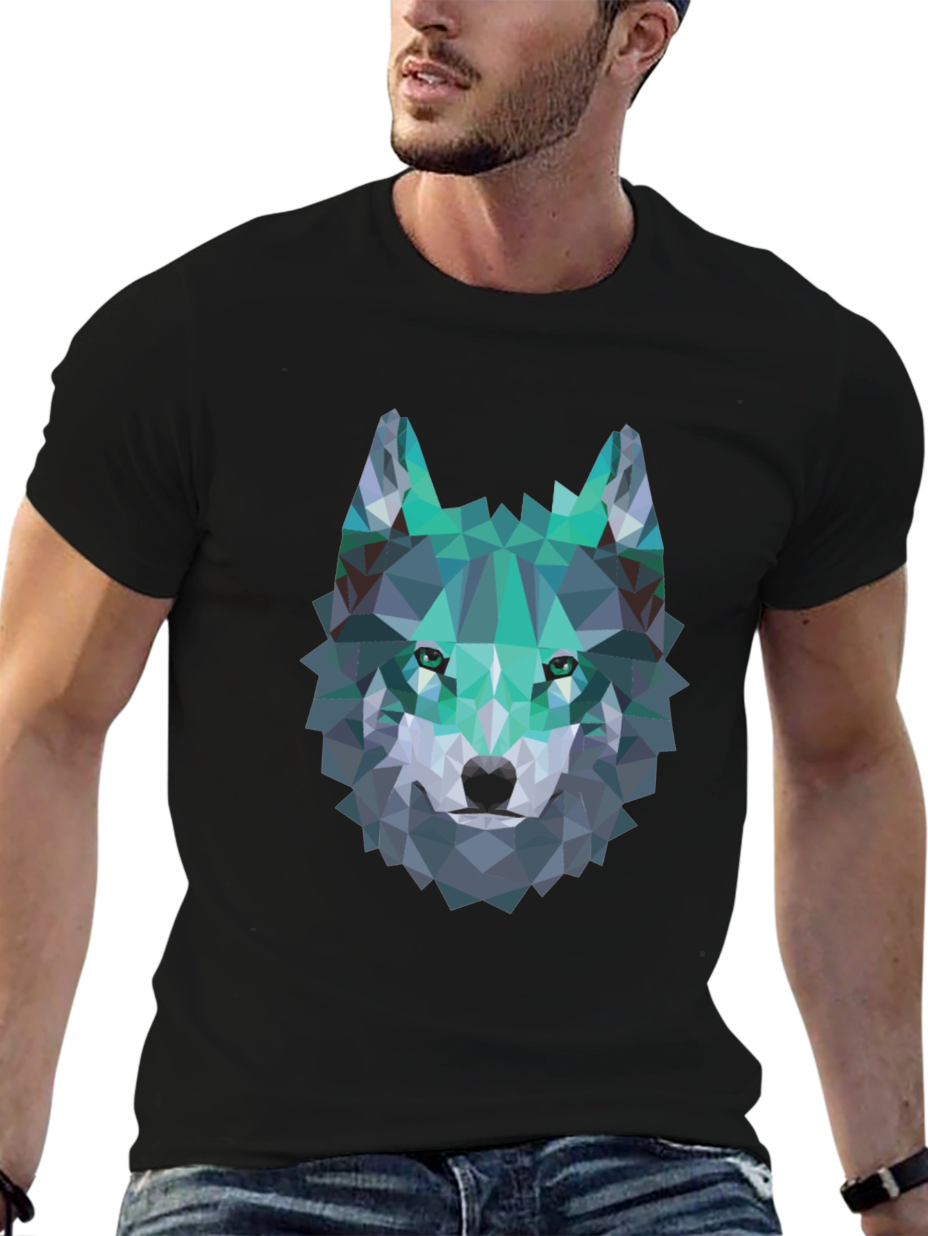 Geometric Wolf Graphic Tee - Modern Mens Black T-Shirt