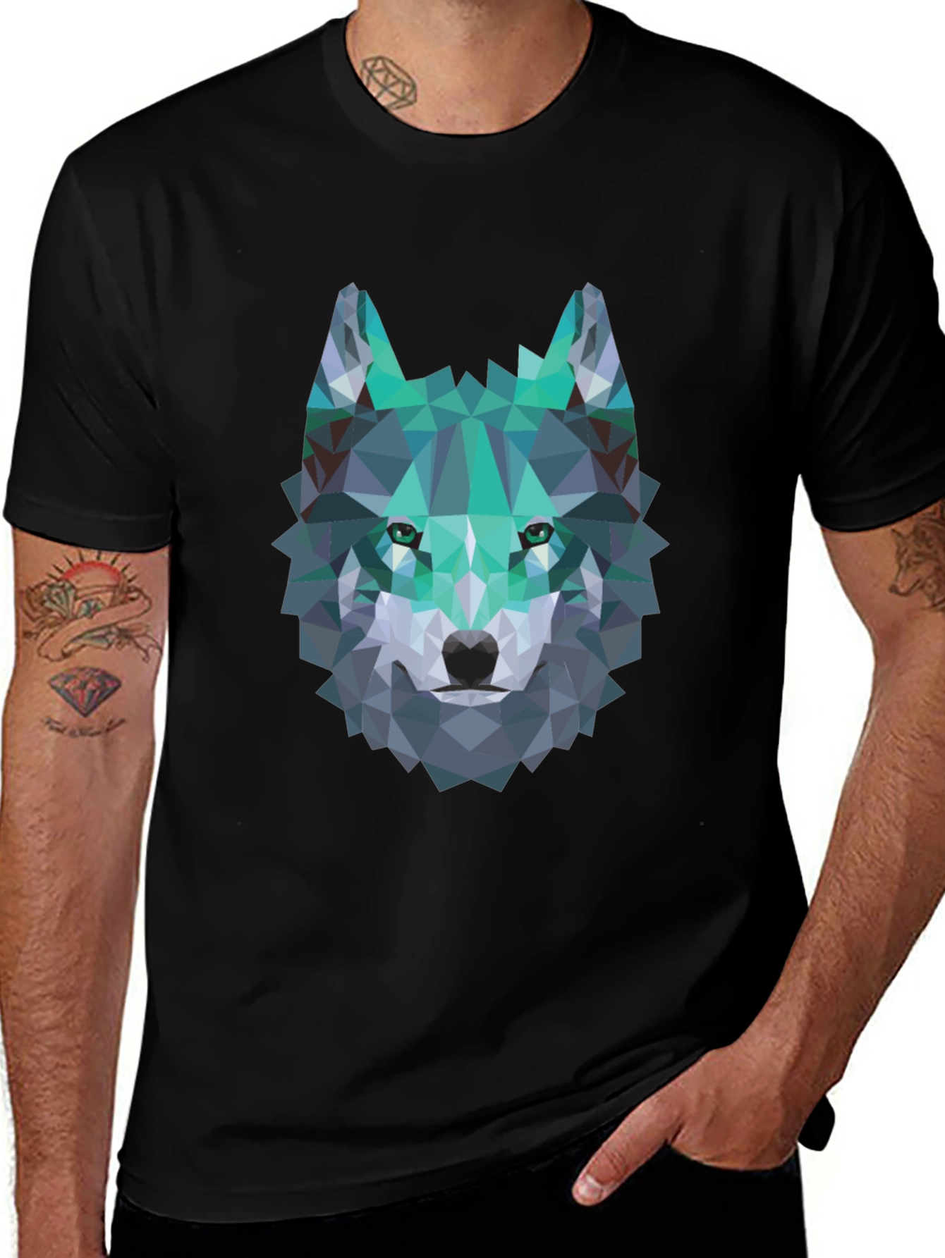 Geometric Wolf Graphic Tee - Modern Mens Black T-Shirt