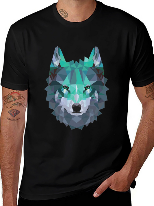 Geometric Wolf Graphic Tee - Modern Mens Black T-Shirt