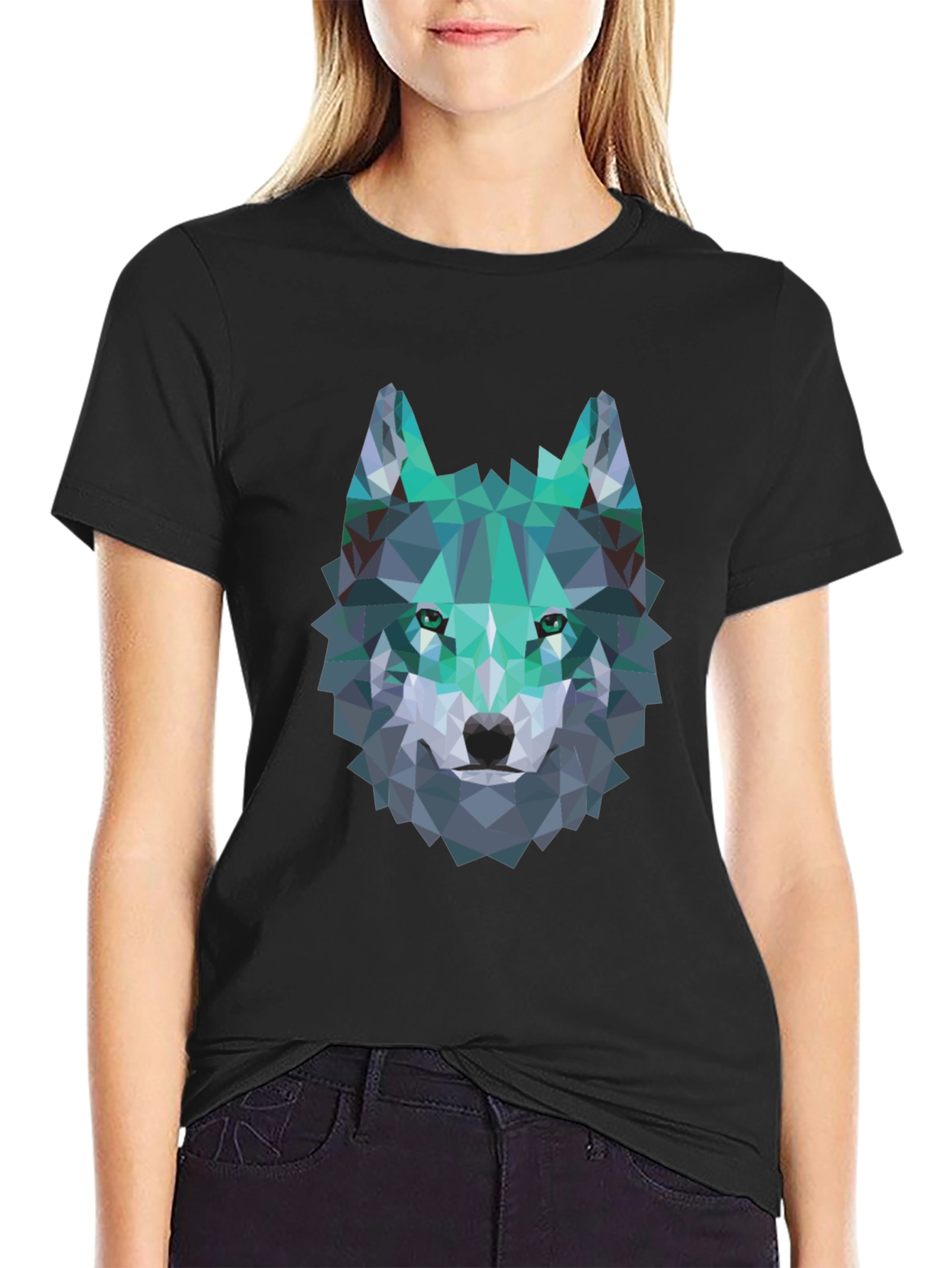Geometric Wolf Graphic Tee - Modern Mens Black T-Shirt