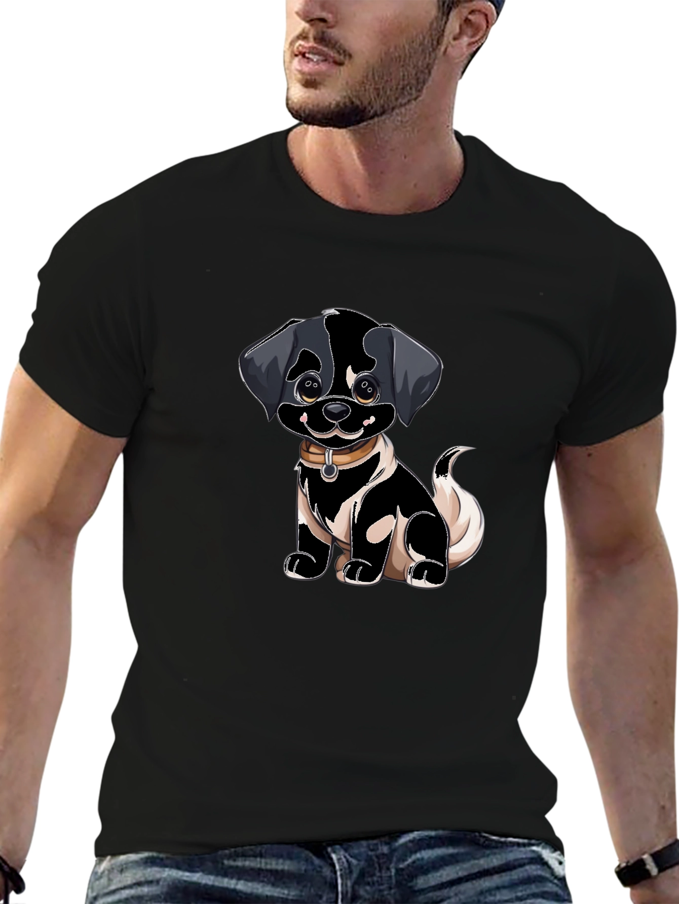 Cartoon Puppy Dog Graphic Black T-Shirt