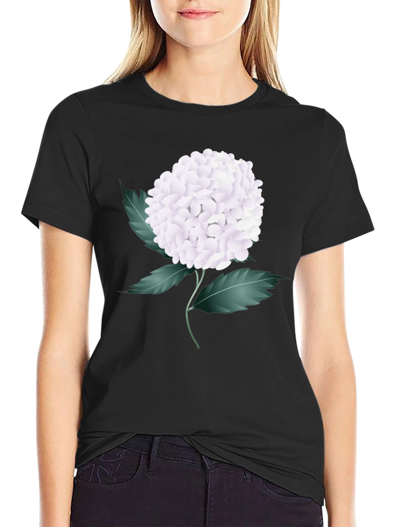 Floral Graphic Tee - White Hydrangea on Black