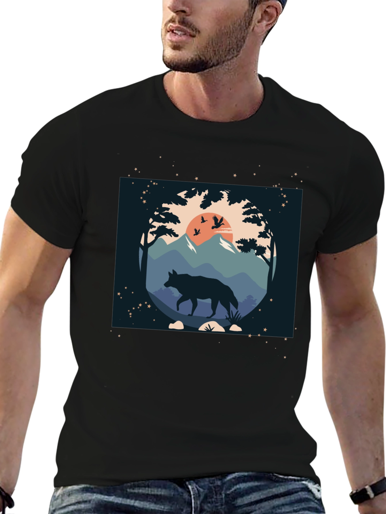 Wolf Nature Scene Black Graphic Tee