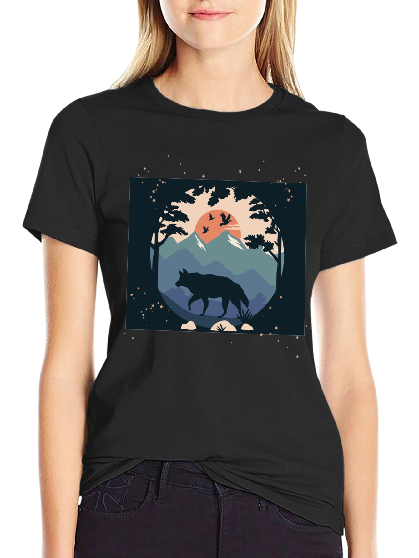 Wolf Nature Scene Black Graphic Tee