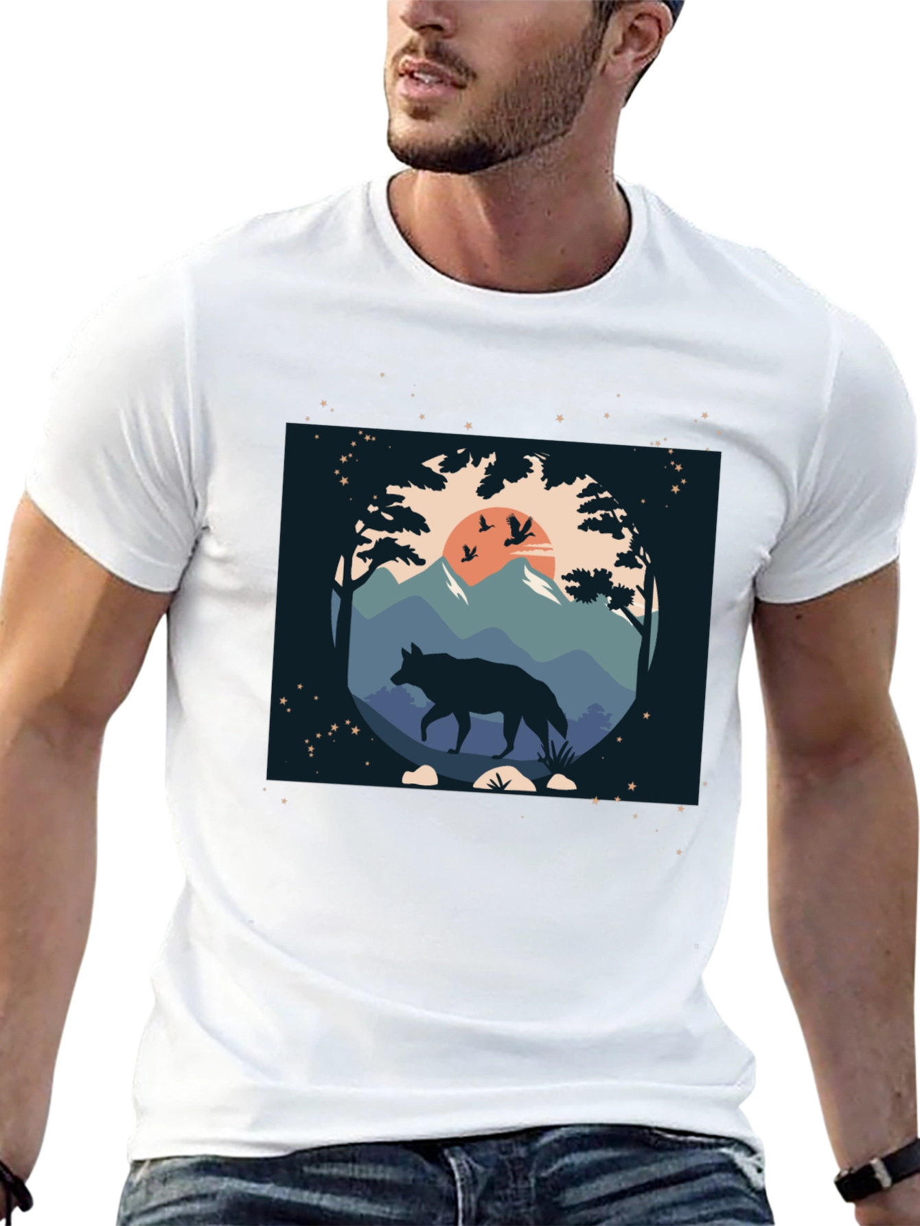 Wolf Nature Scene Black Graphic Tee