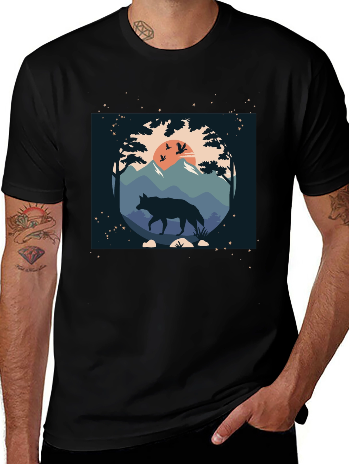 Wolf Nature Scene Black Graphic Tee