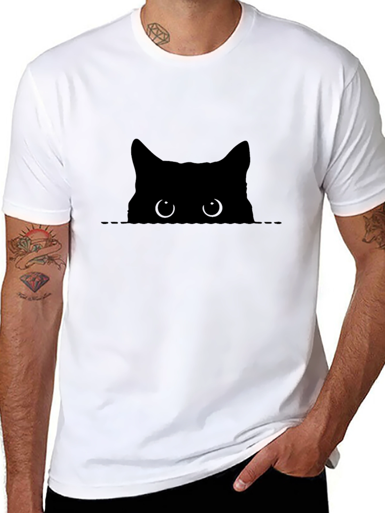 Peeking Cat Graphic Tee - Black Cotton Comfort