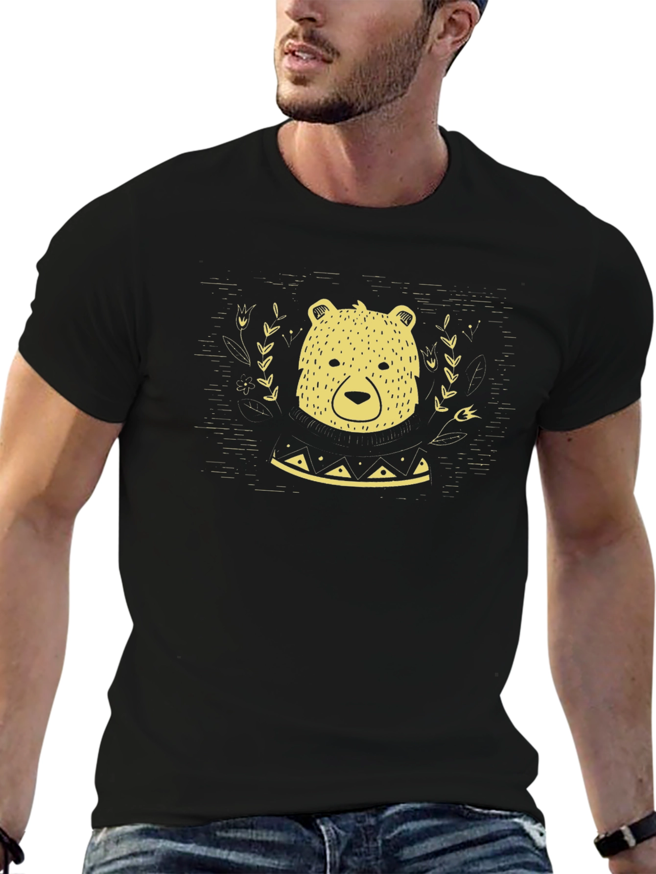 Bear Graphic Print Black T-Shirt