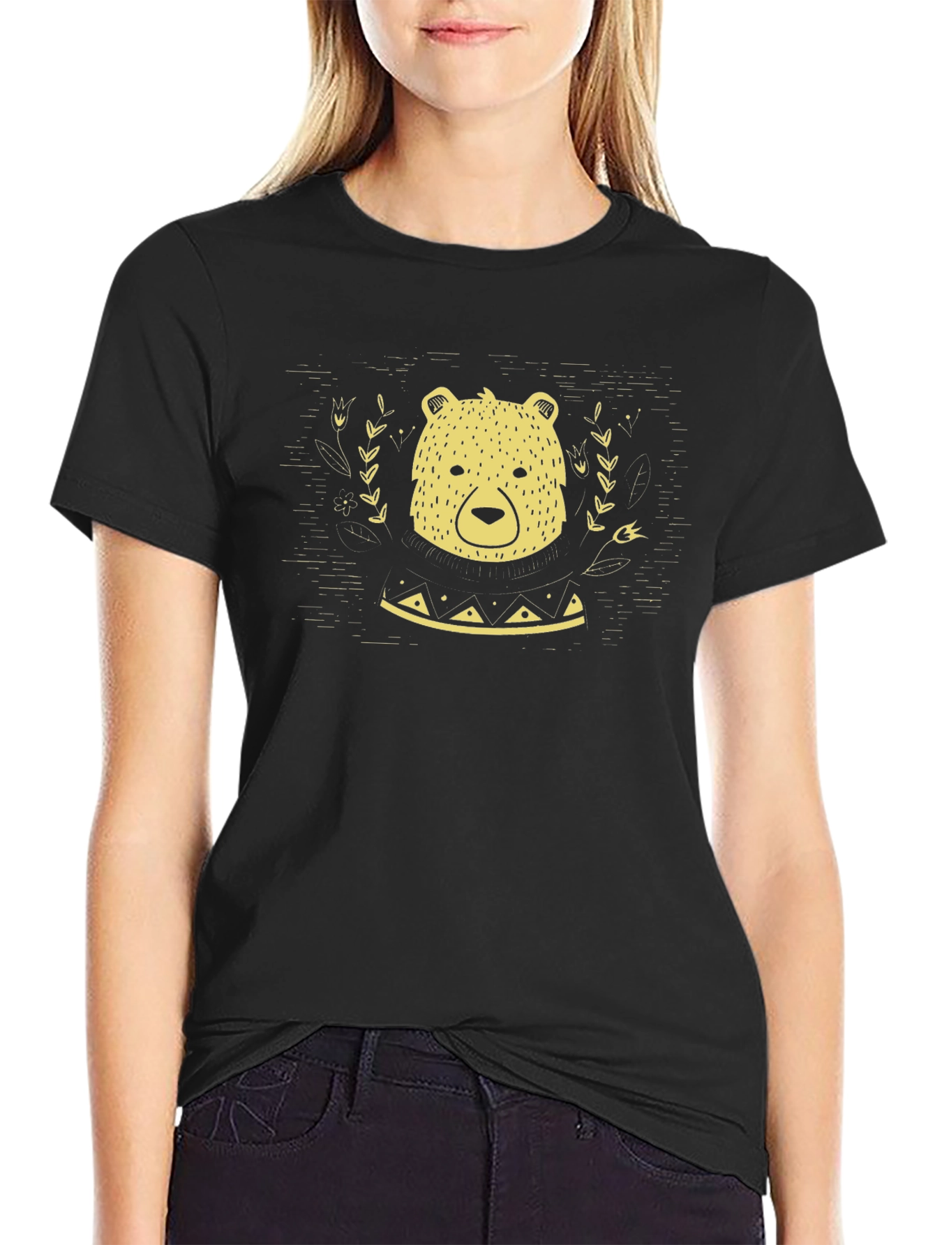 Bear Graphic Print Black T-Shirt