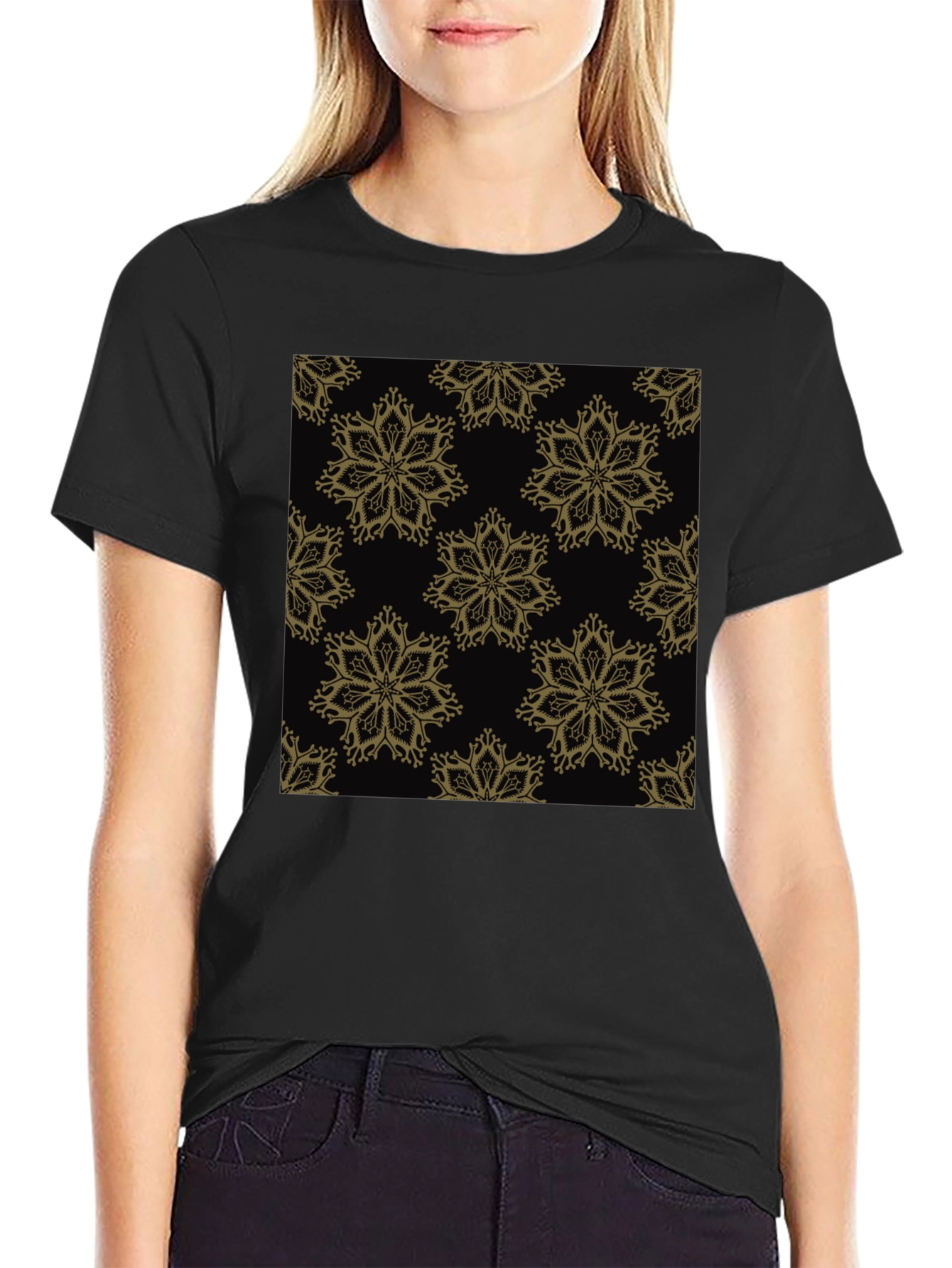 Elegant Floral Pattern Black T-Shirt