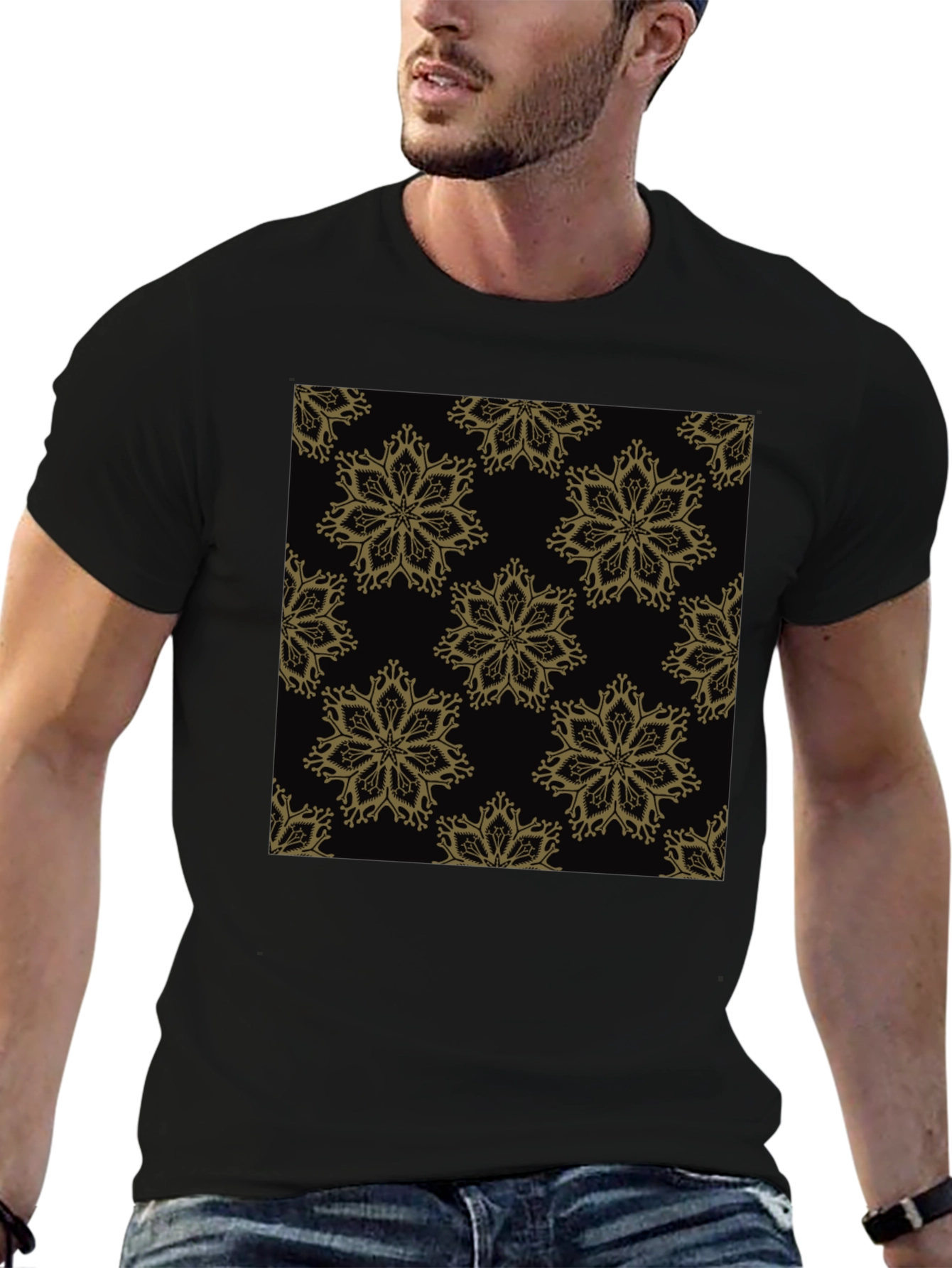 Elegant Floral Pattern Black T-Shirt