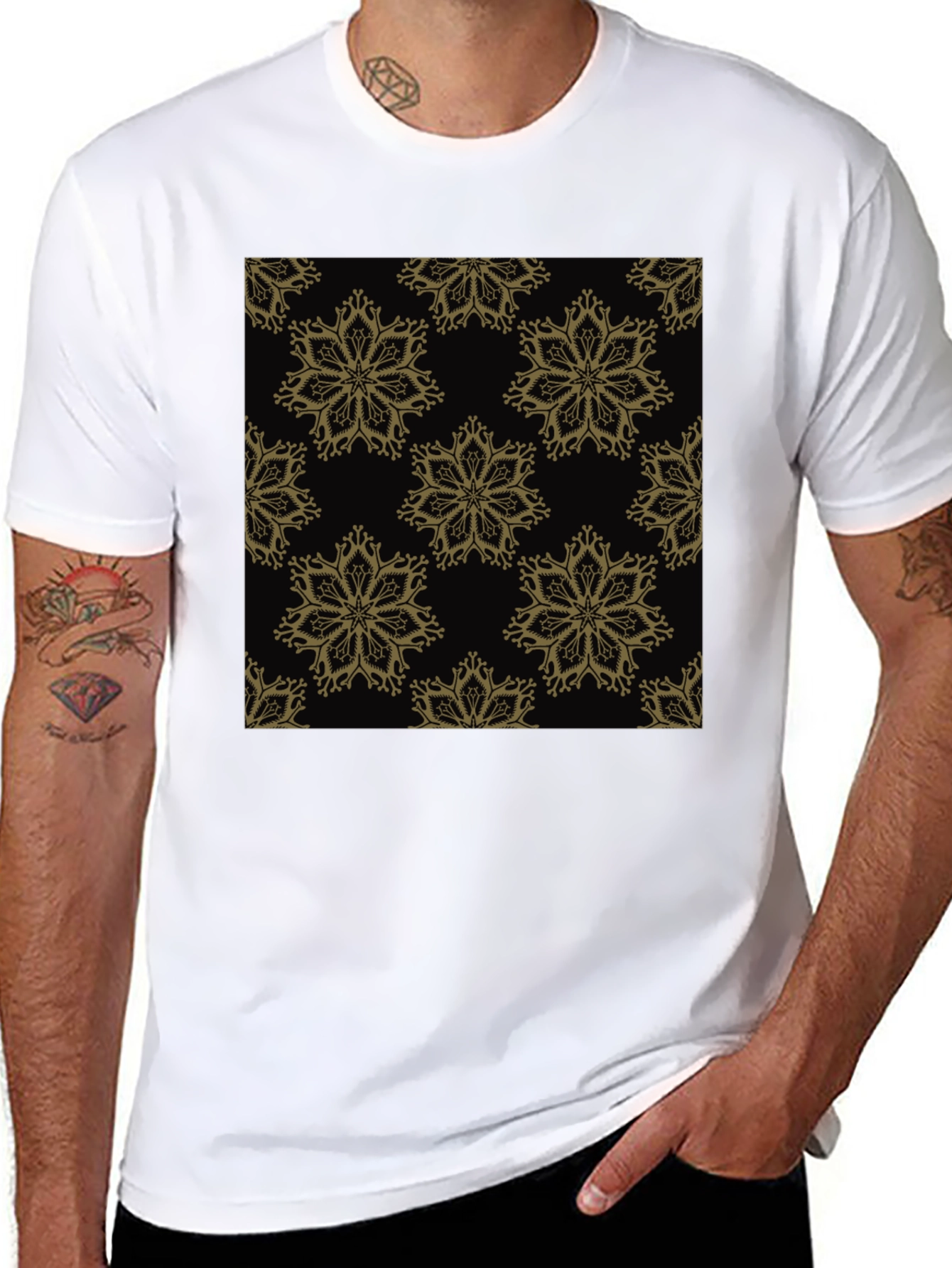 Elegant Floral Pattern Black T-Shirt