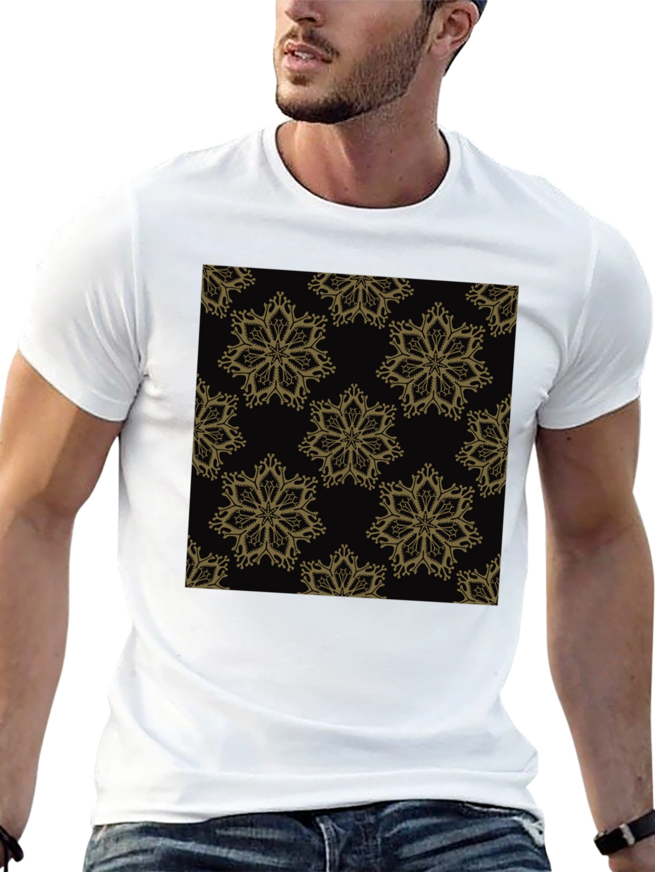 Elegant Floral Pattern Black T-Shirt