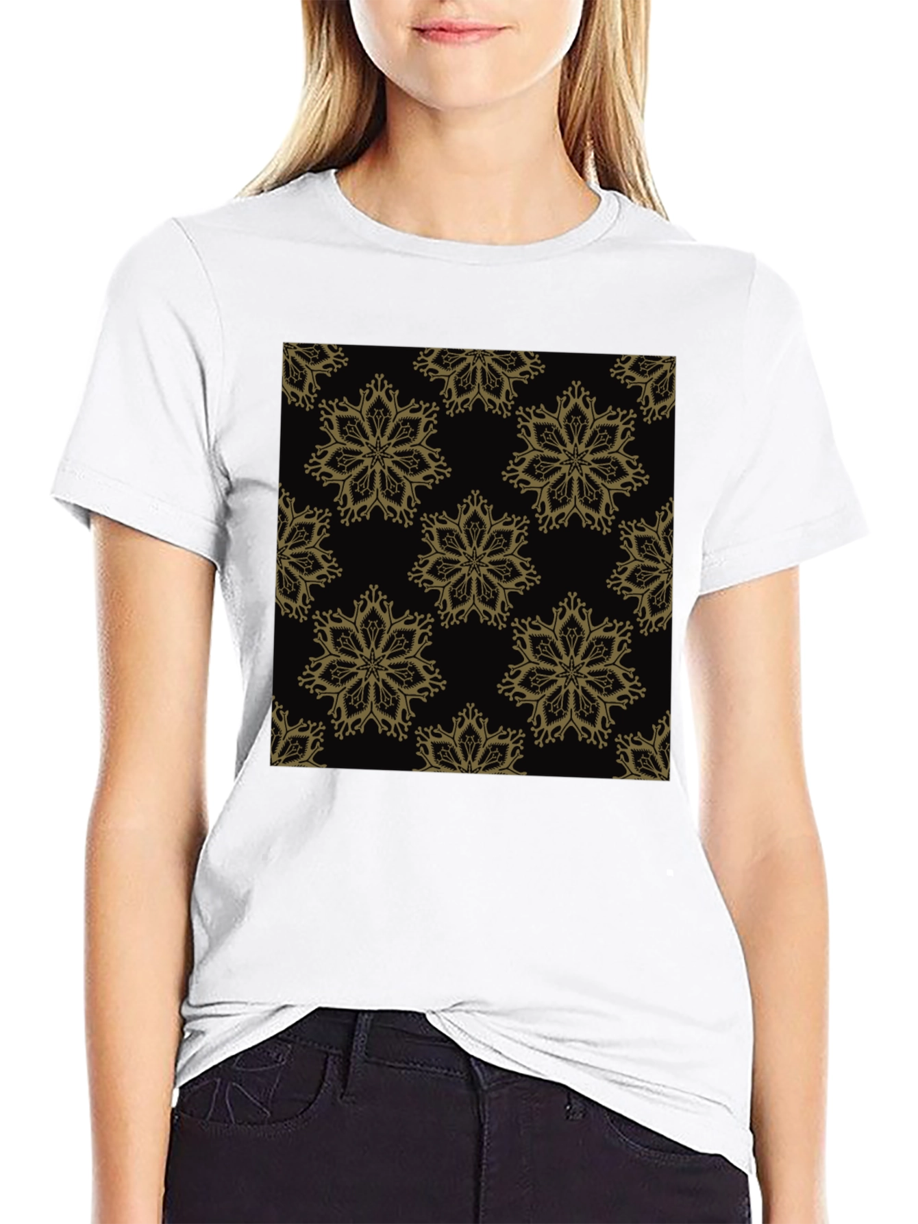 Elegant Floral Pattern Black T-Shirt